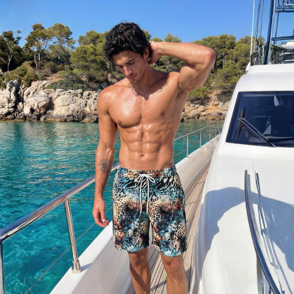 Tropical Paisley Print Drawstring Beach Shorts With Pockets For Men