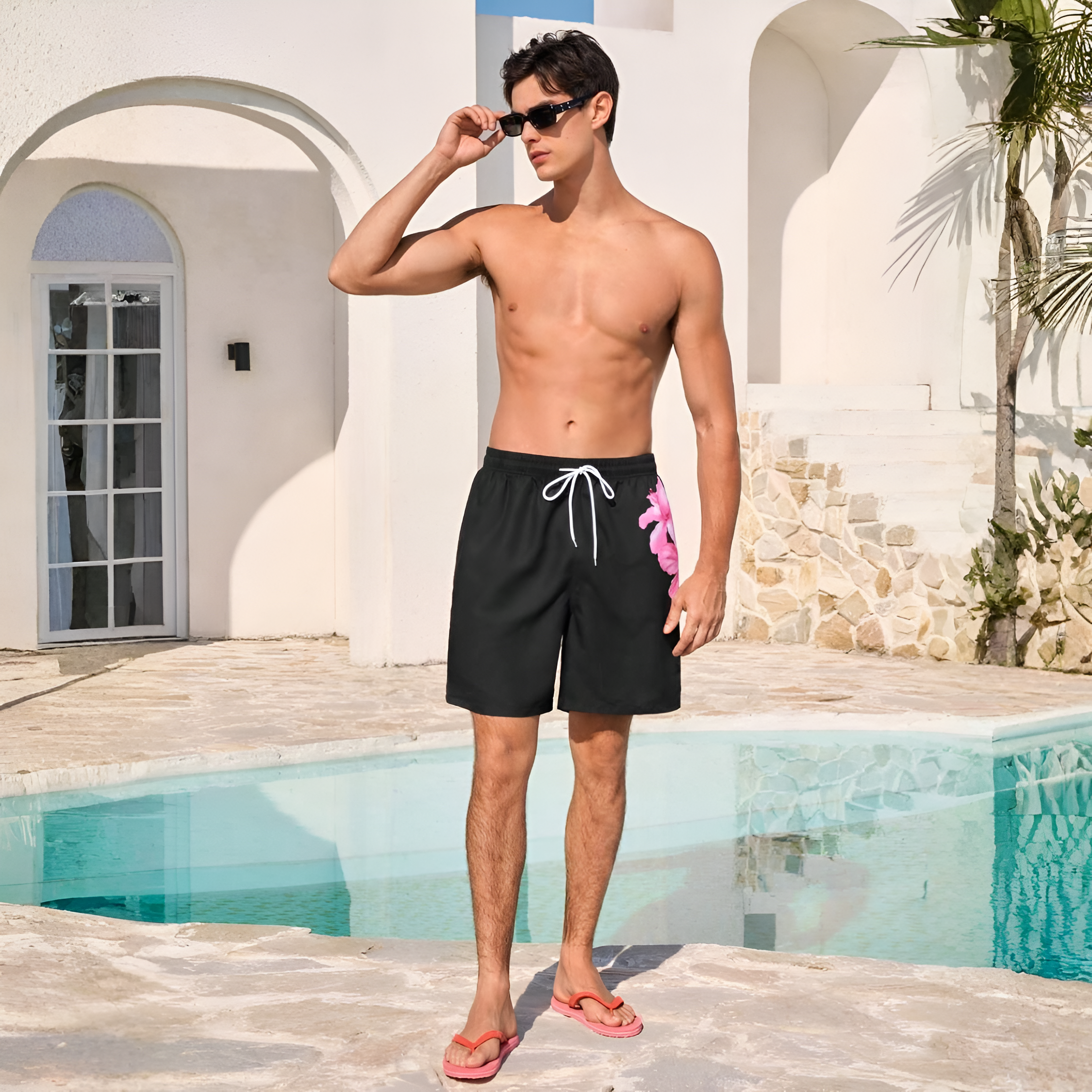 Floral Print Men Shorts And Women Two Piece Matching Swimwear Set