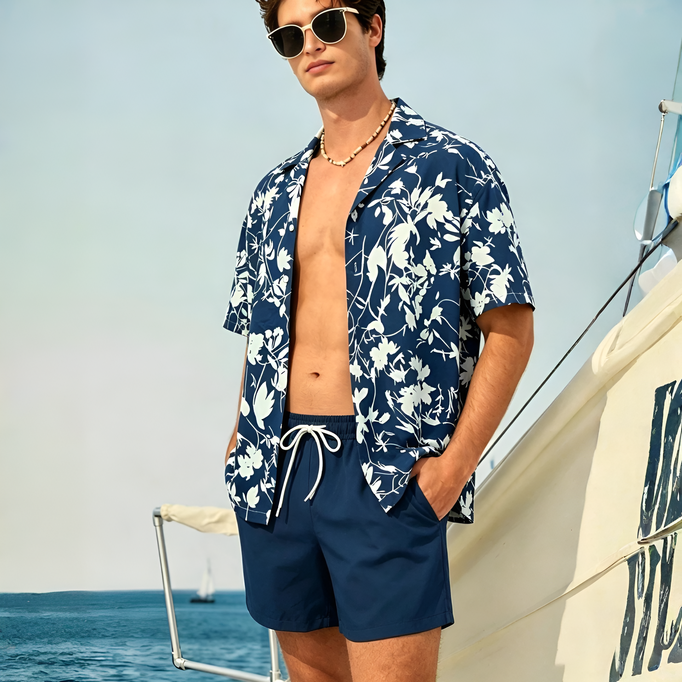 Over Print Beachwear Outfit Set for Men Short Sleeve Shirt And Shorts with Women Dress