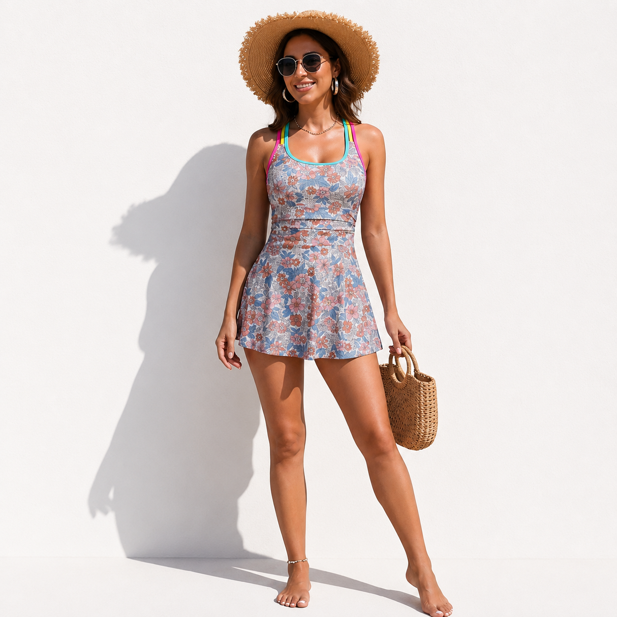High Rise One Piece Swim Dress With Skirt And Adjustable Straps For Women