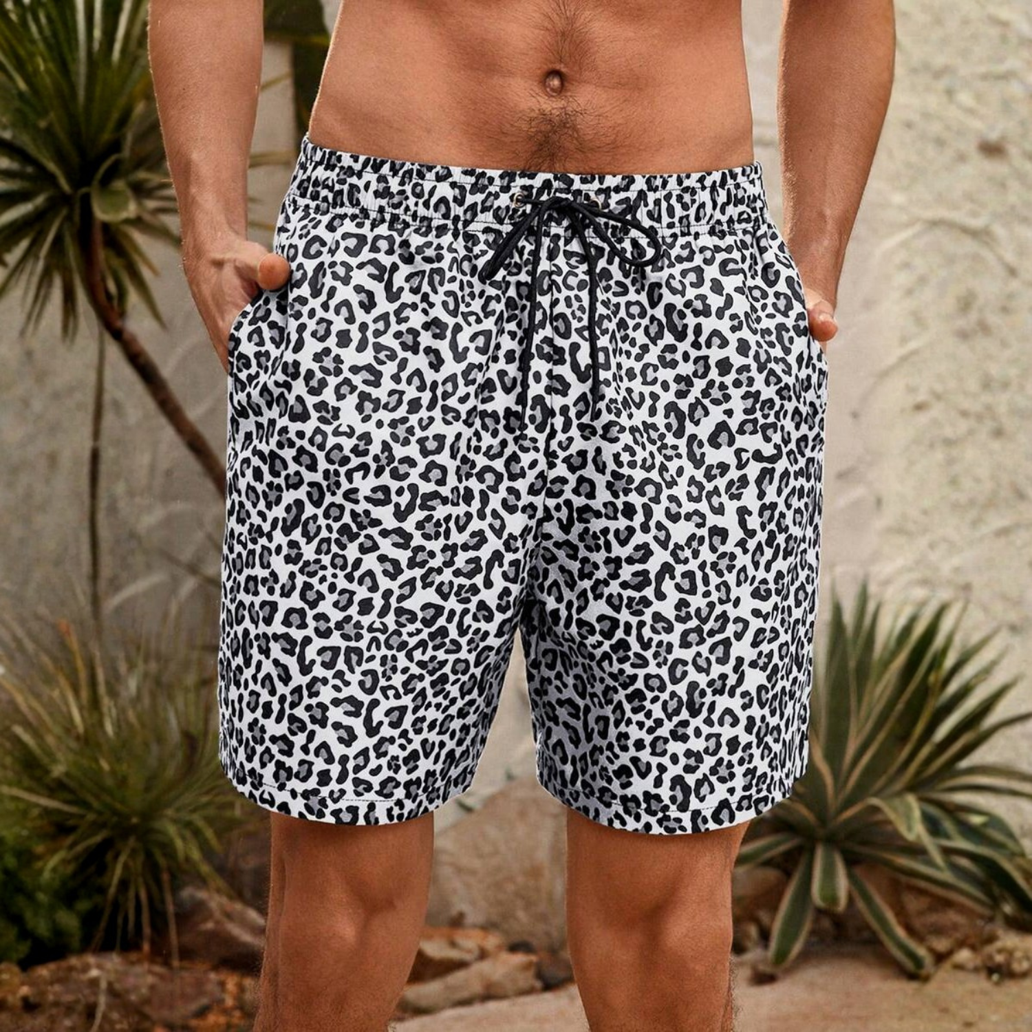 Leopard Print Drawstring Men Shorts And Women Swimwear Set For Beach