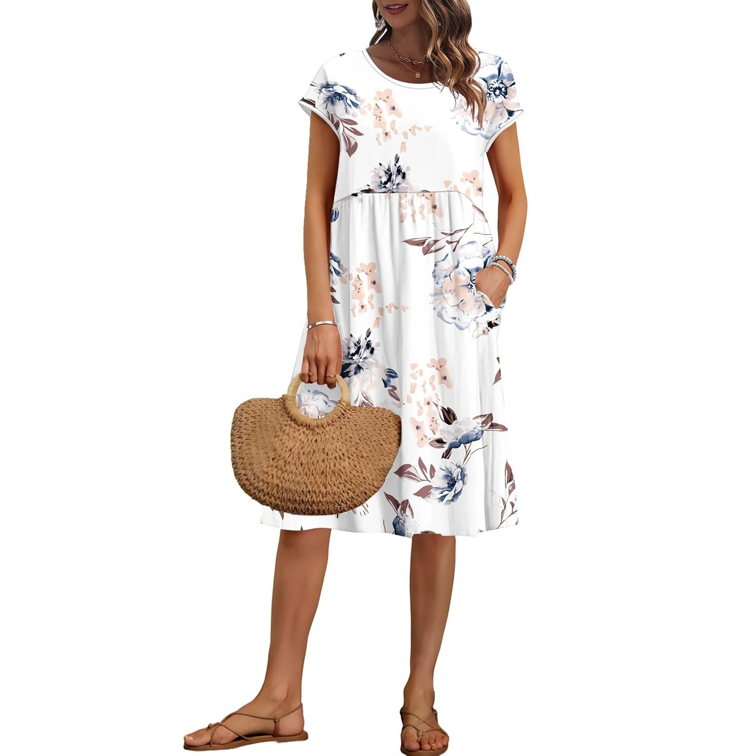 Cap Sleeve A Line Dress with Pockets for Women