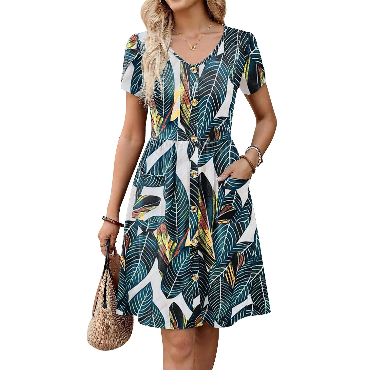 Pleated Sleeve With Front Button Dress For Women