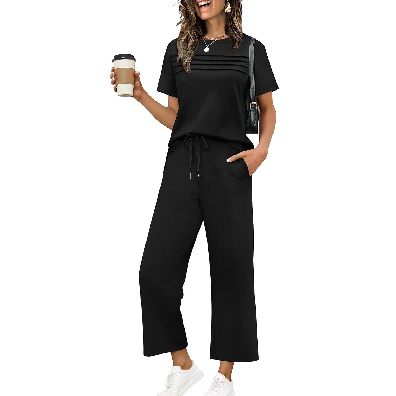 Two Piece Travel Outfit With Wide Length Pants For Women