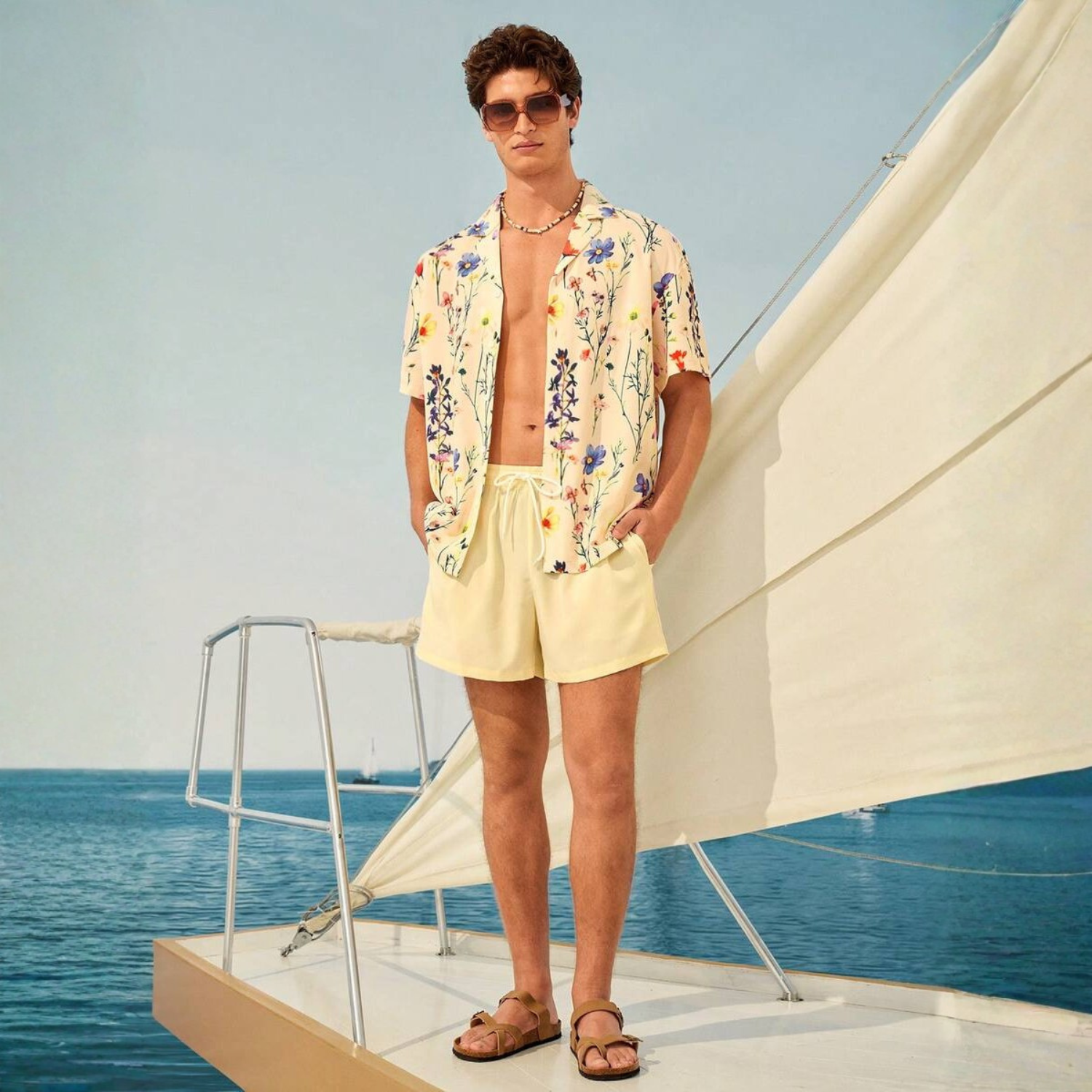 Floral Couple Beach Men Shirt Shorts And Women Swimwear Outfit Set