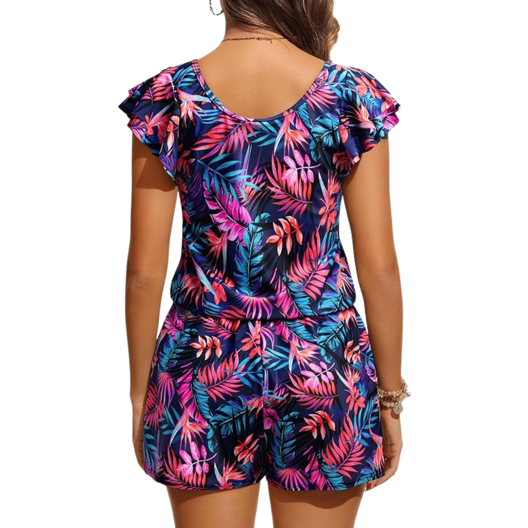 One Piece Ruffle Sleeves Swim Romper For Women With Shorts And Pockets