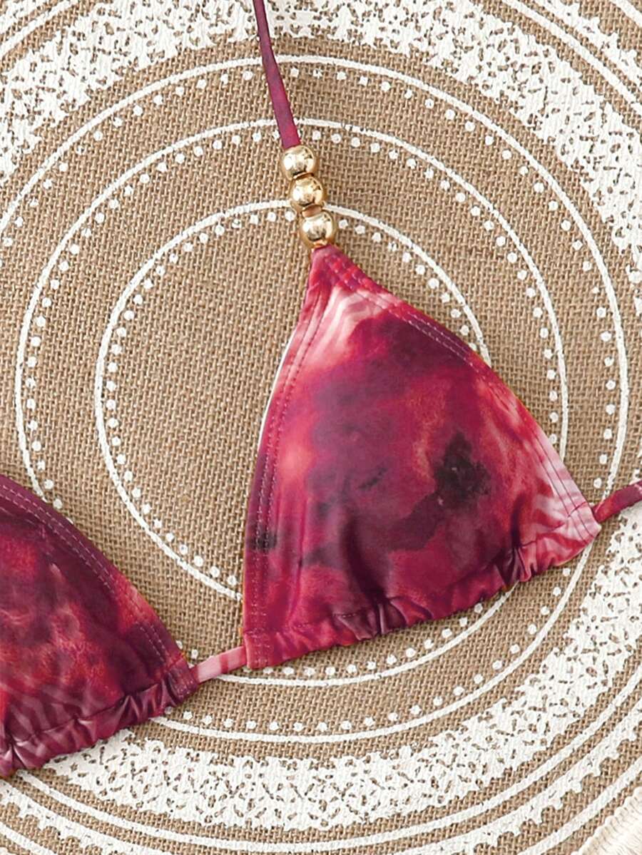 Swim SXY 3pcs Set: Tie-Dye Print Beaded Halter Top, Tie-Front Swim Bottoms, And Mini Skirt Bikini Set