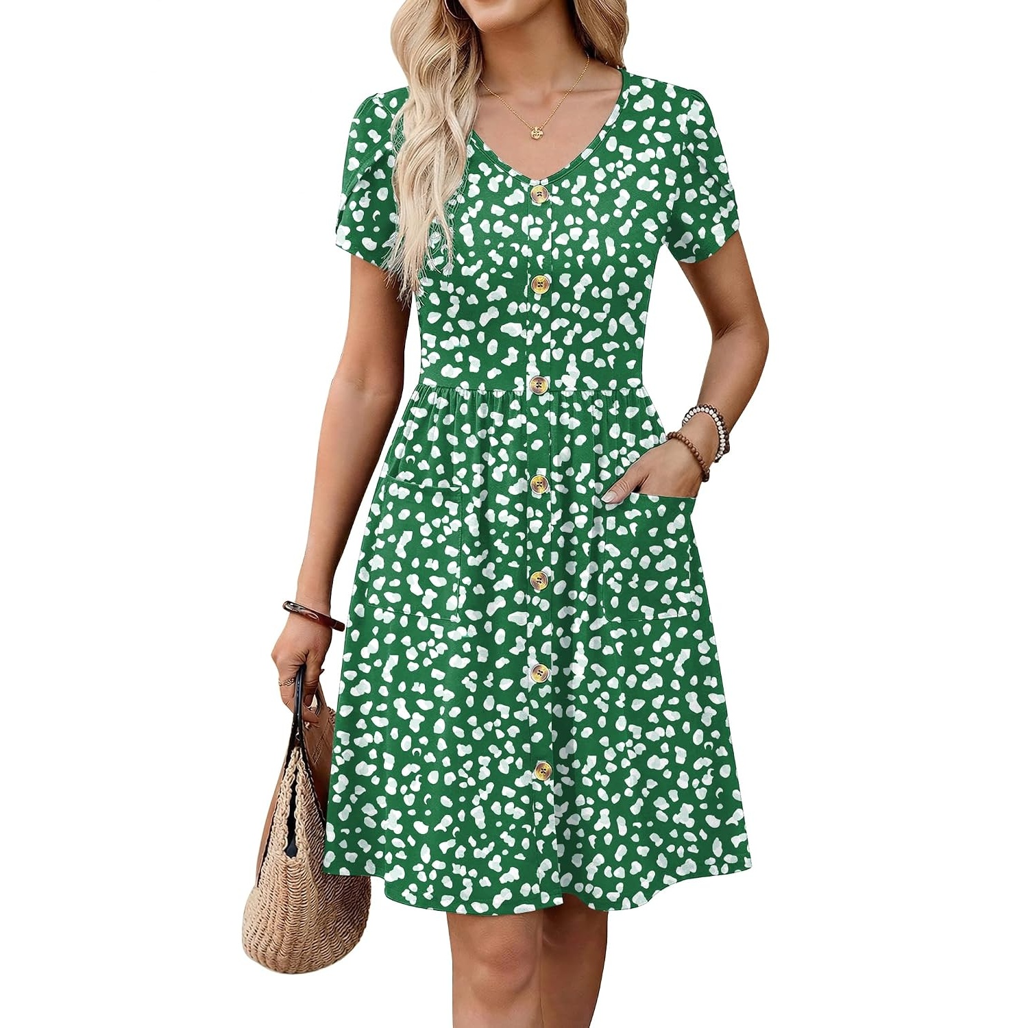 Pleated Sleeve With Front Button Dress For Women