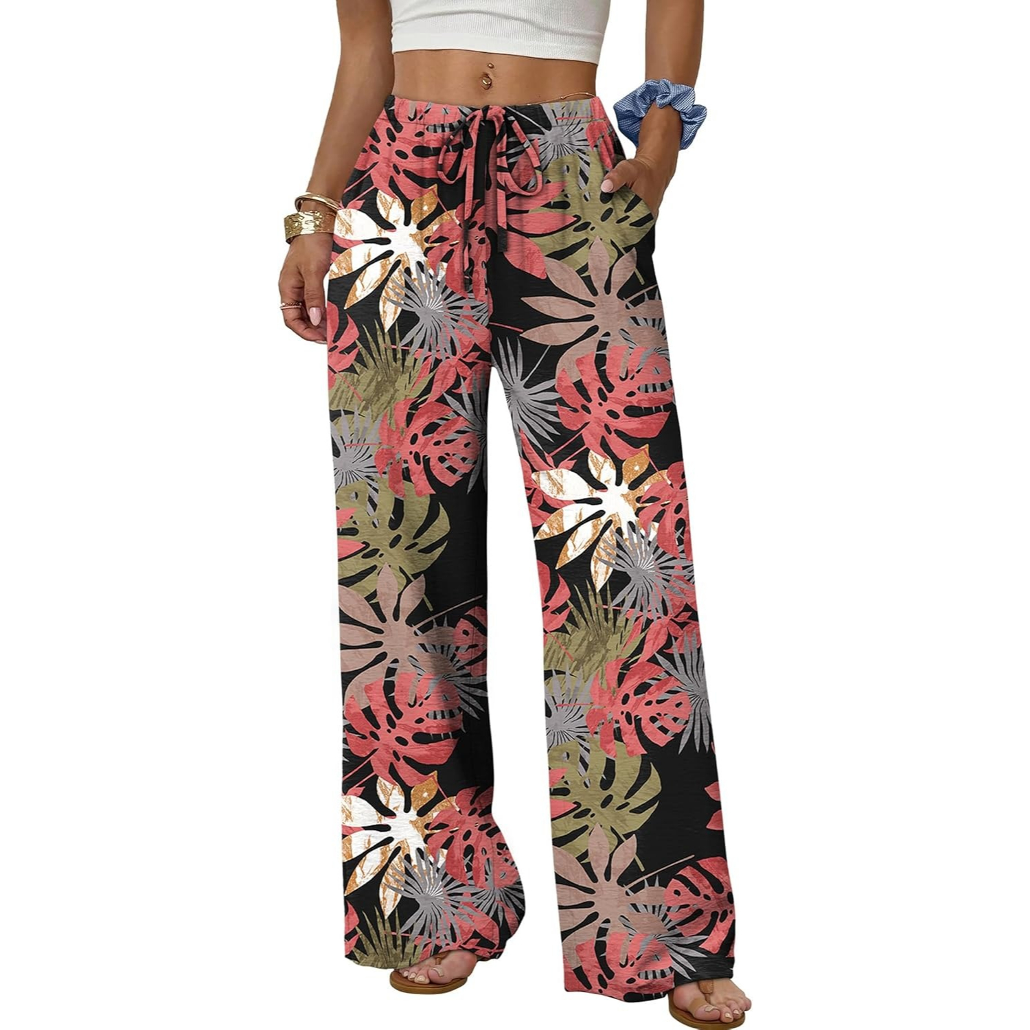 Wide Pants for Women Flowy Palazzo Drawstring Elastic Trousers with Pockets Summer Beach Vacation Clothes