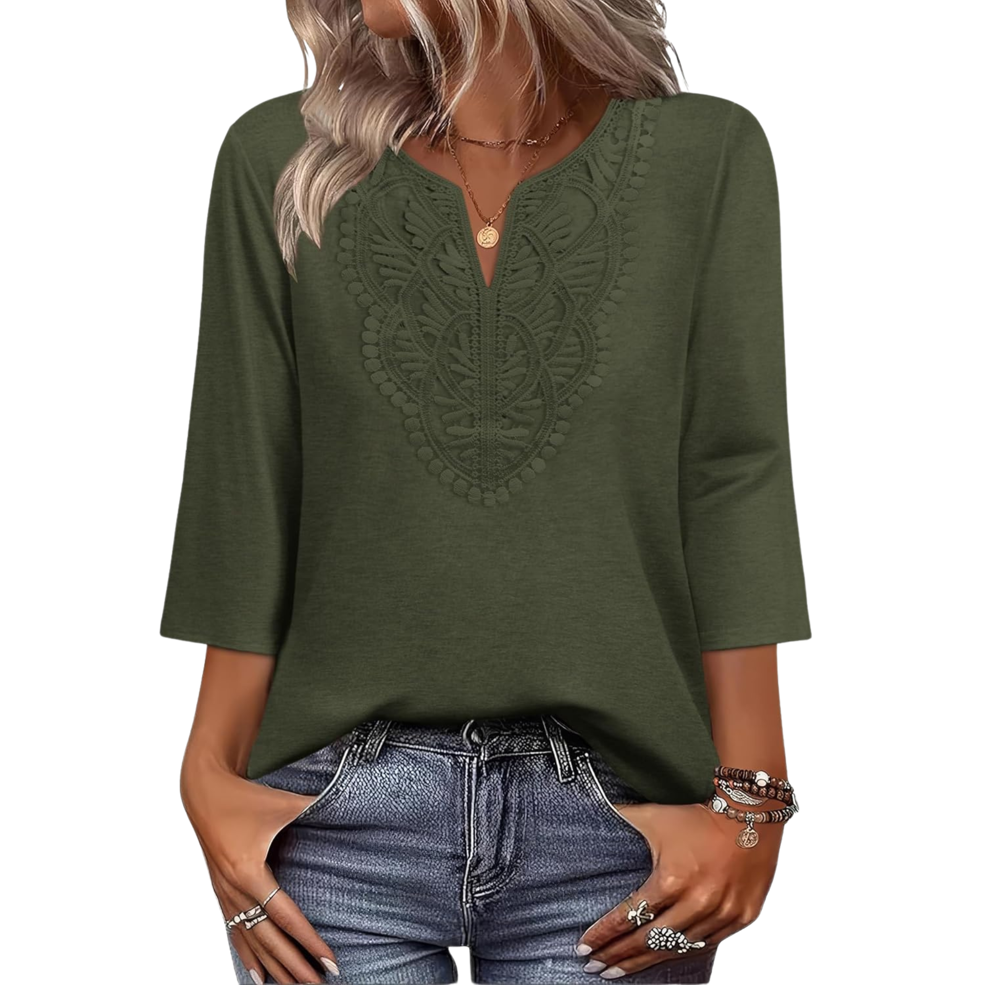  Length Sleeve Womens Tops Boho V Neck Lace Shirt Trendy Blouses Dressy Casual Vacation