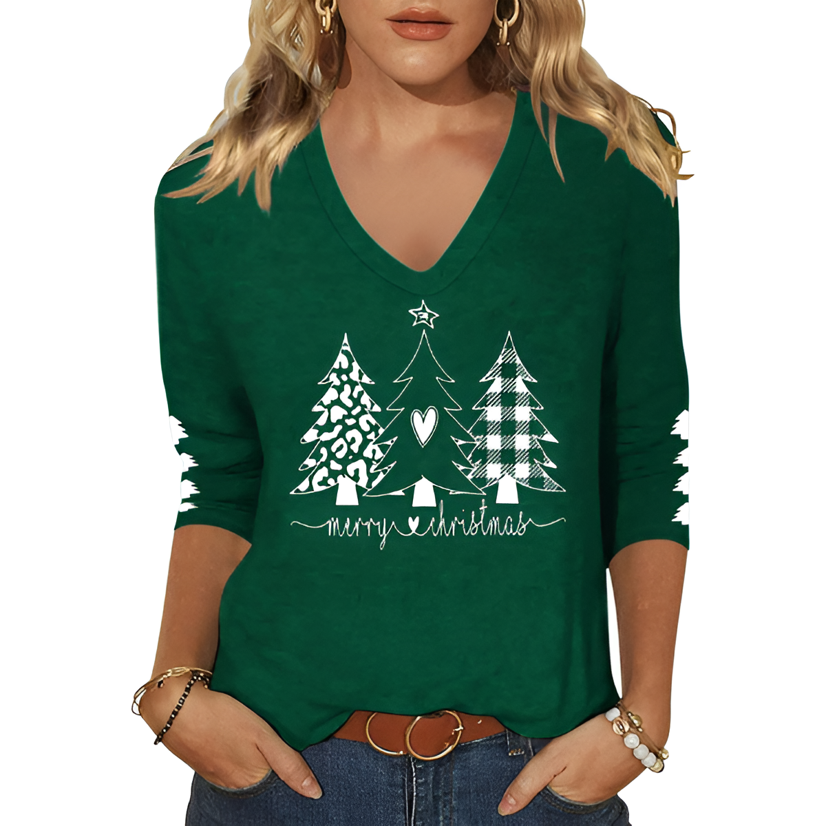 Christmas Graphic T Shirt With Three By Forth Sleeves For Women
