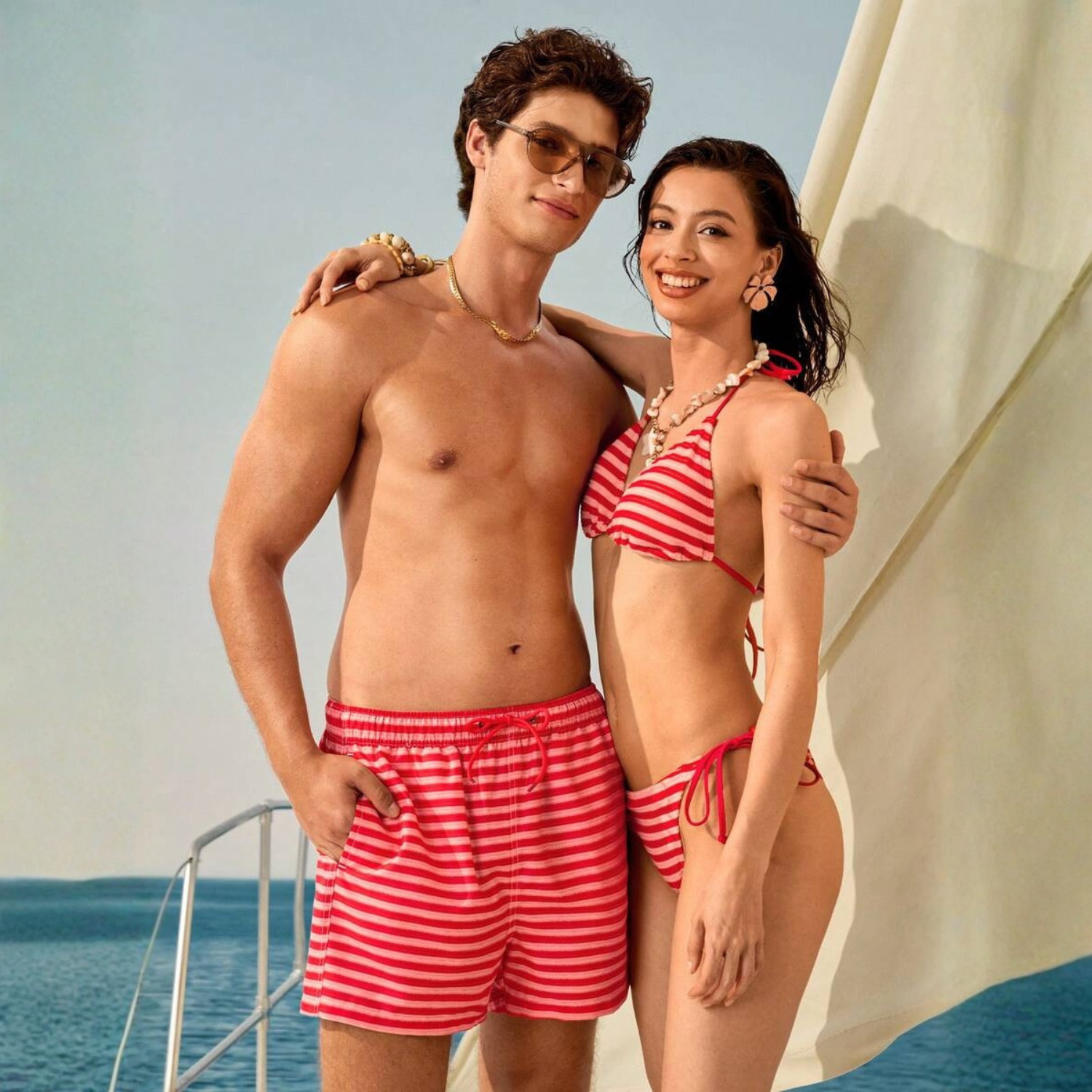 Striped Couple Swimwear For Men Beach Shorts And Women Swimsuit Set