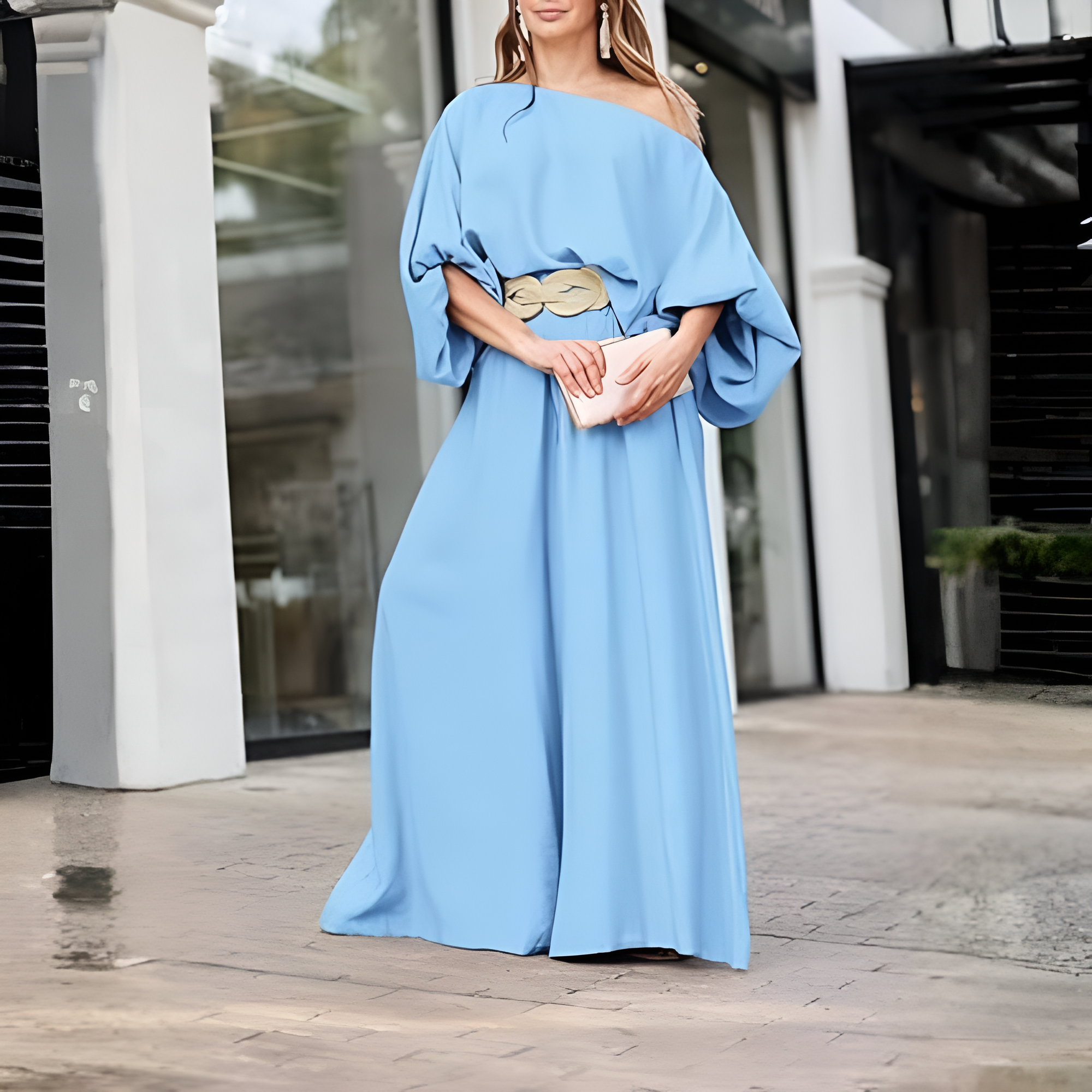 Two Piece Set With Flowy Pants And Top For Women With lantern Sleeve