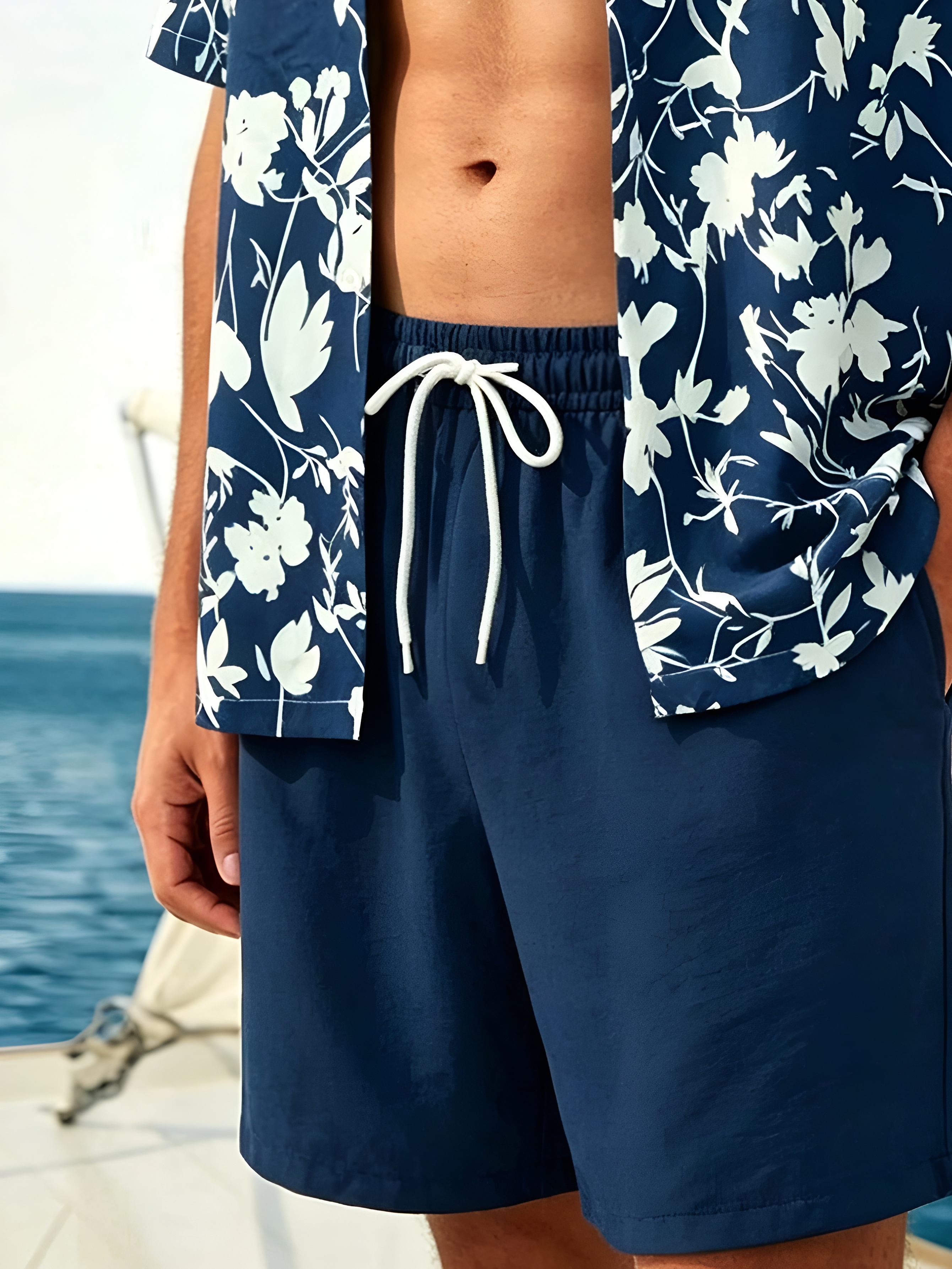 Over Print Beachwear Outfit Set for Men Short Sleeve Shirt And Shorts with Women Dress