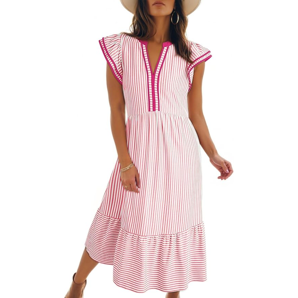 Ruffle Cap Sleeve Empire Flowy Striped Beach Midi Maxi Dress