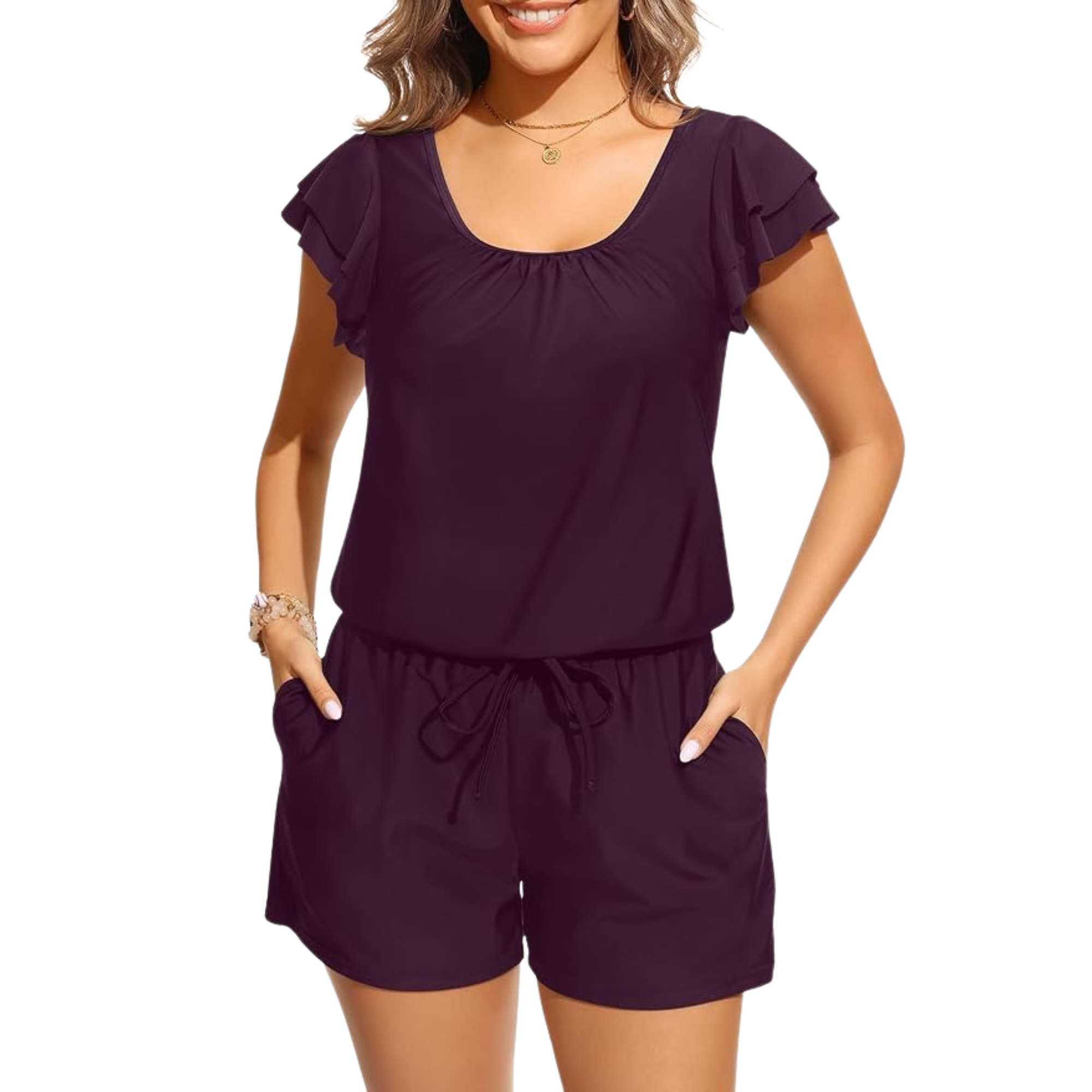 One Piece Ruffle Sleeves Swim Romper For Women With Shorts And Pockets