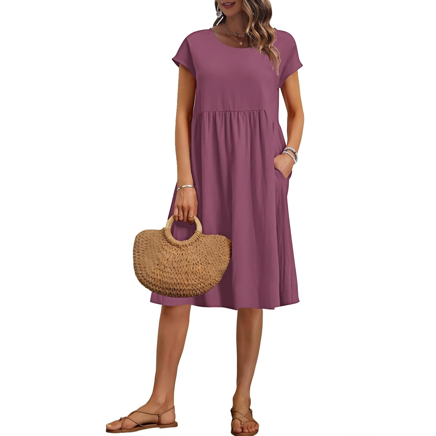 Cap Sleeve A Line Dress with Pockets for Women