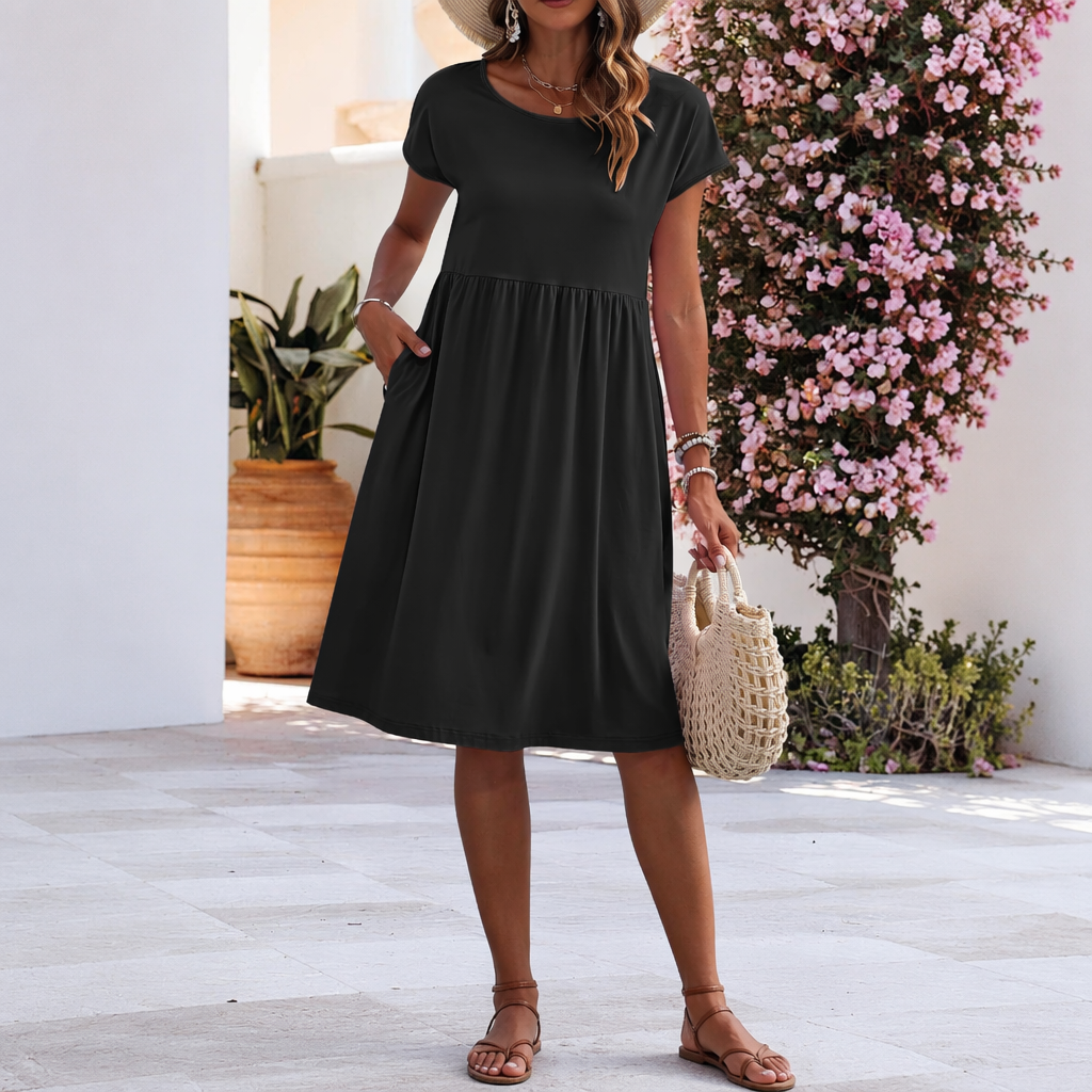 Cap Sleeve A Line Dress with Pockets for Women