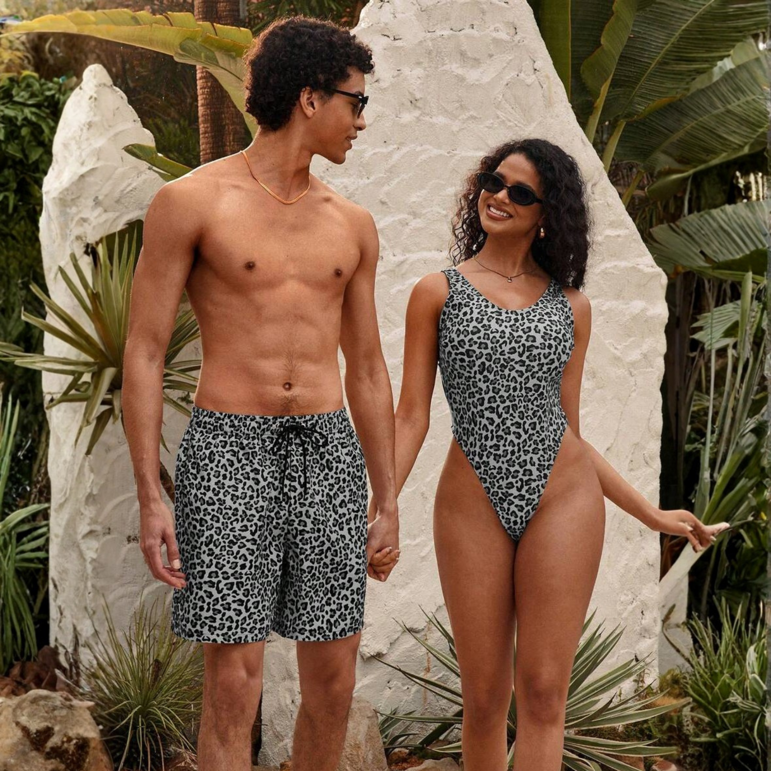 Leopard Print Drawstring Men Shorts And Women Swimwear Set For Beach