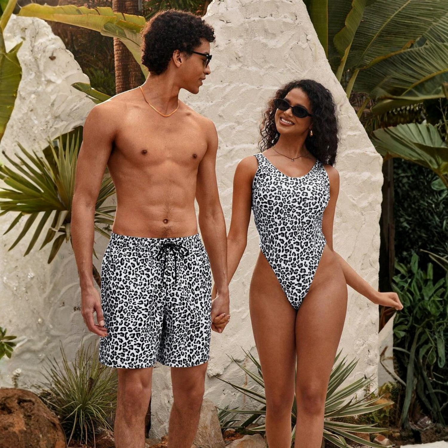 Leopard Print Drawstring Men Shorts And Women Swimwear Set For Beach