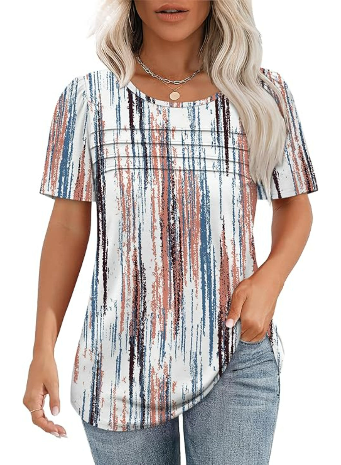 Printed Stripe Scoop Tops for Women With Short SleevesPrinted Stripe Scoop Tops for Women With Short Sleeves - Image 9