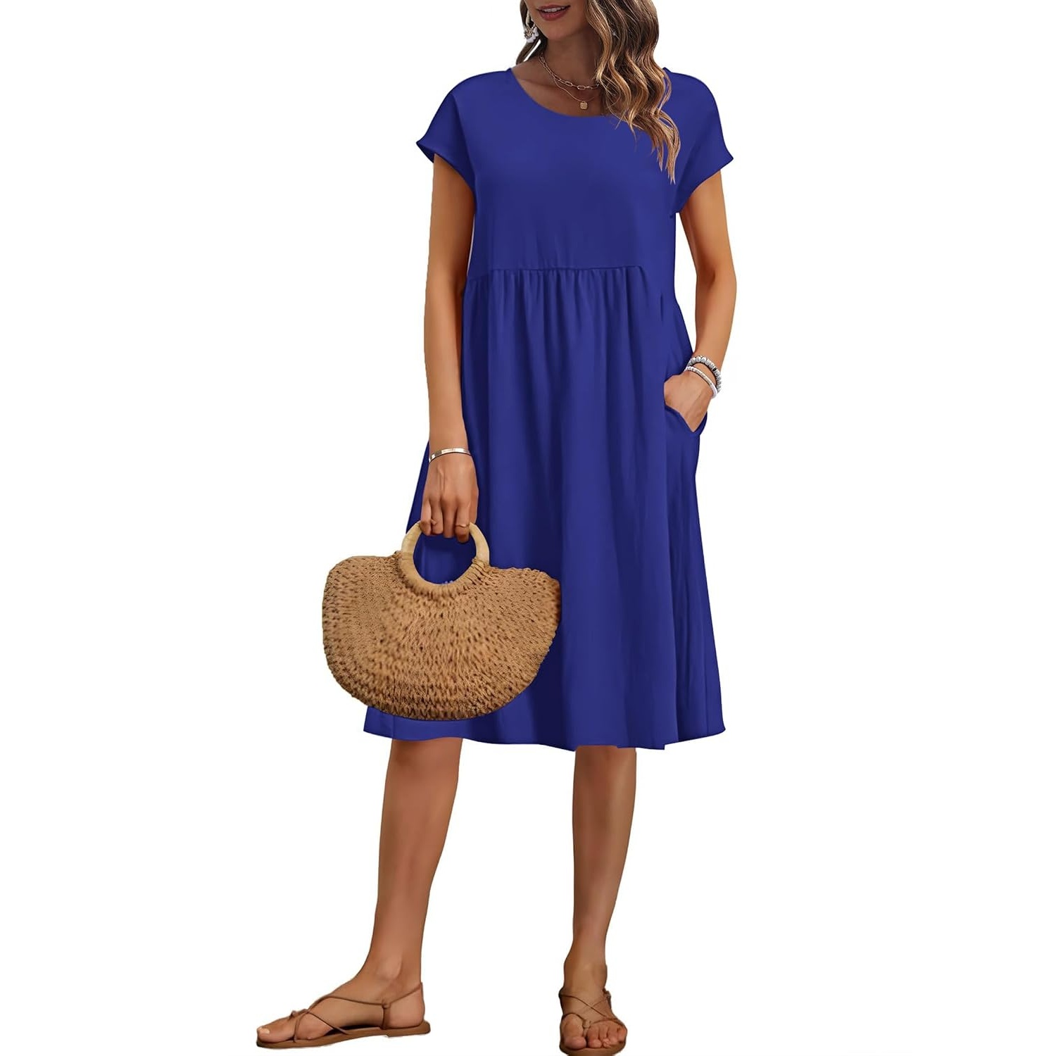Cap Sleeve A Line Dress with Pockets for Women