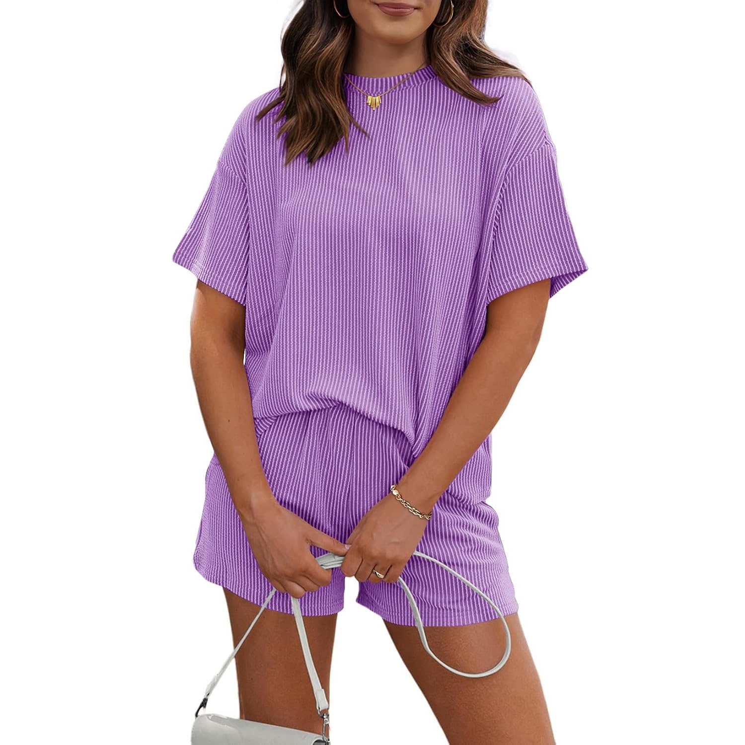 2 Piece Ribbed Knit Shorts Set with Short Sleeve Top For Women
