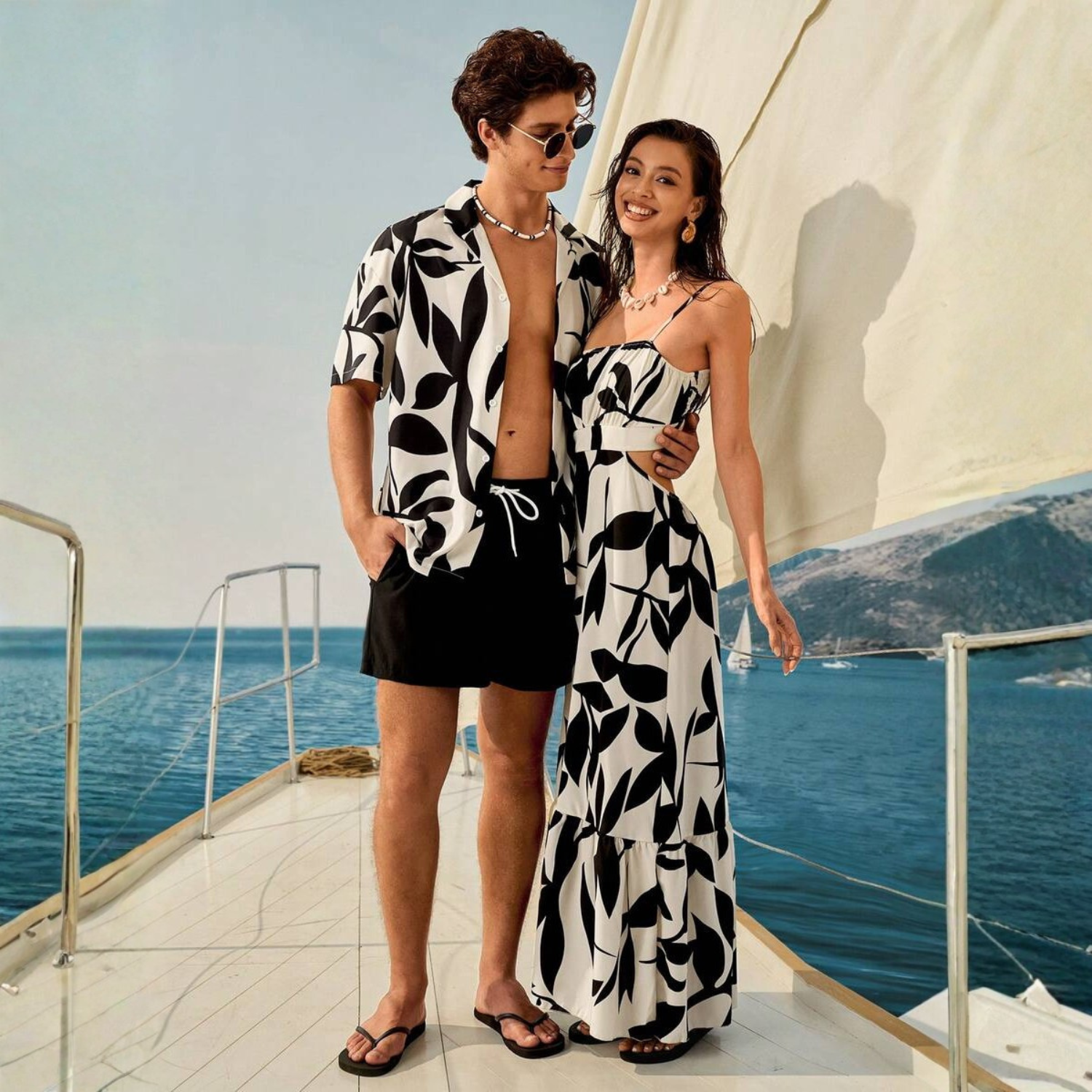 Floral Couple Beach Men Shirt Shorts And Women Swimwear Outfit Set
