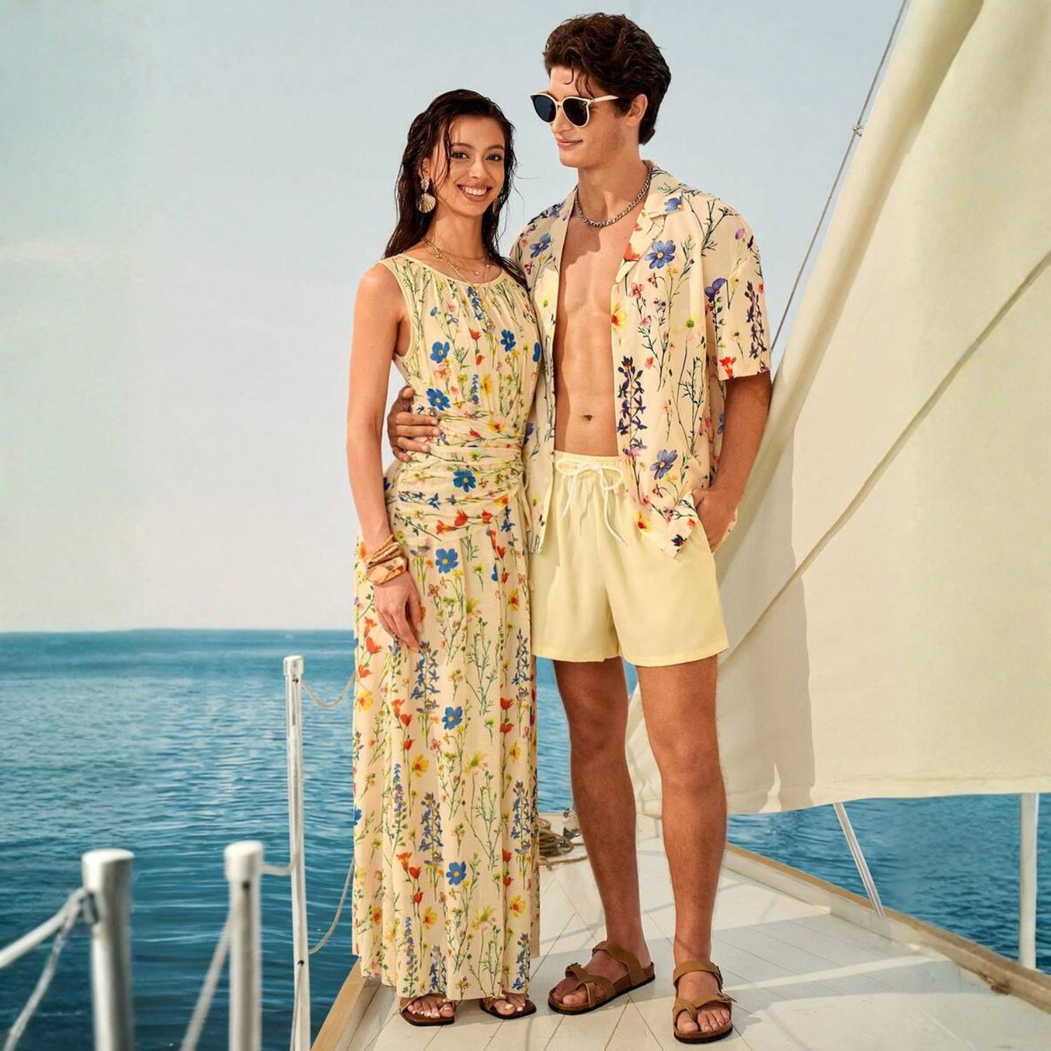 Floral Couple Beach Men Shirt Shorts And Women Swimwear Outfit Set