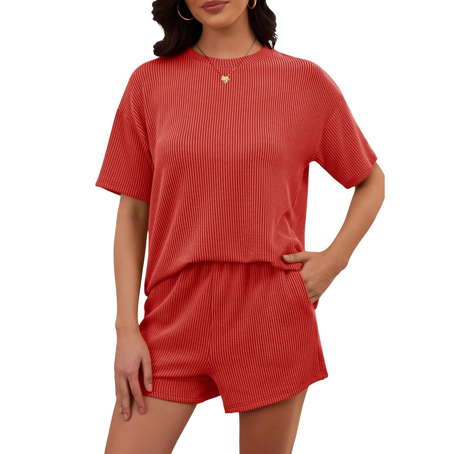 2 Piece Ribbed Knit Shorts Set with Short Sleeve Top For Women