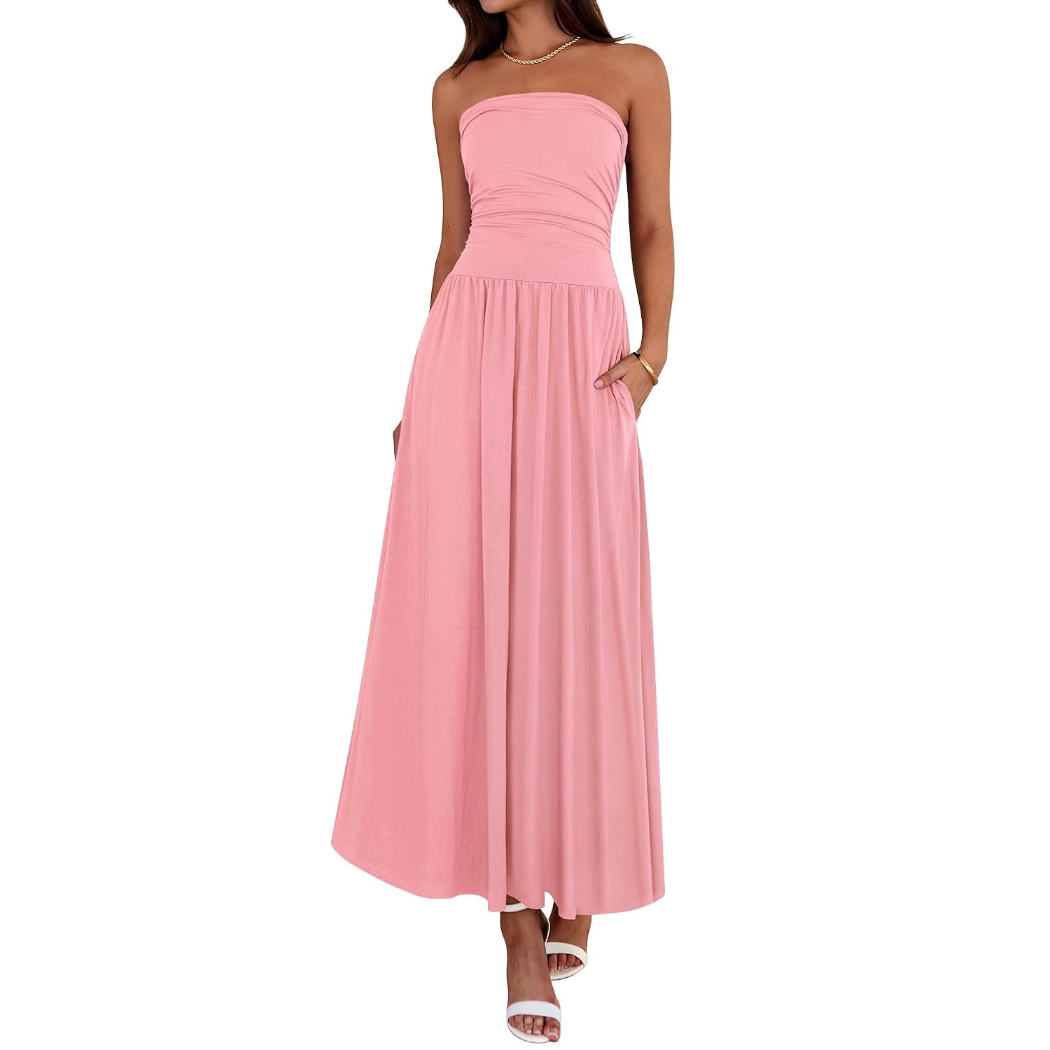 Casual Strapless Ruched Maxi Dress With Pockets For Women