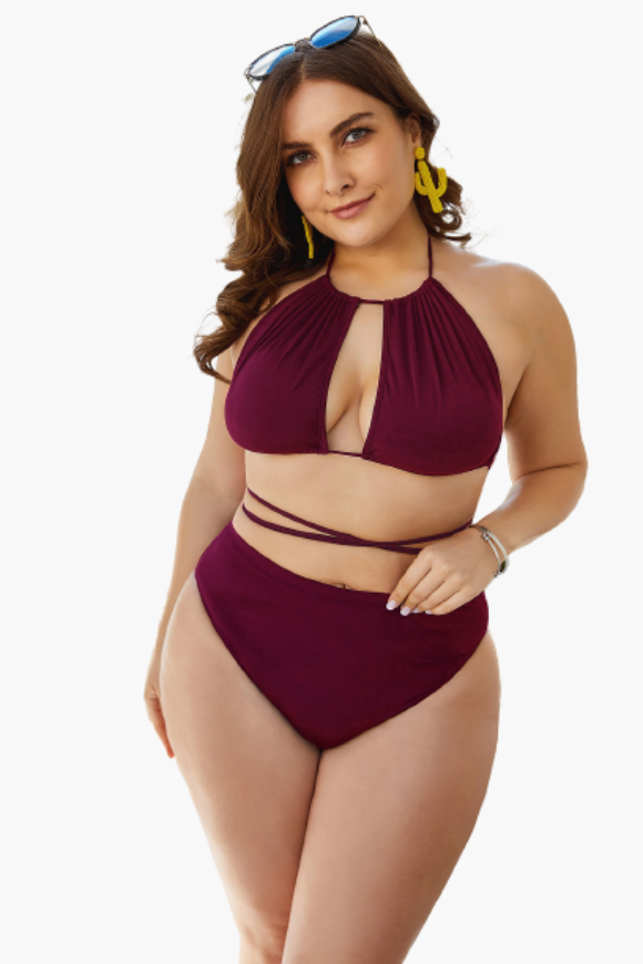Red Tie-up Cutout Two Piece Plus Size Swimsuit