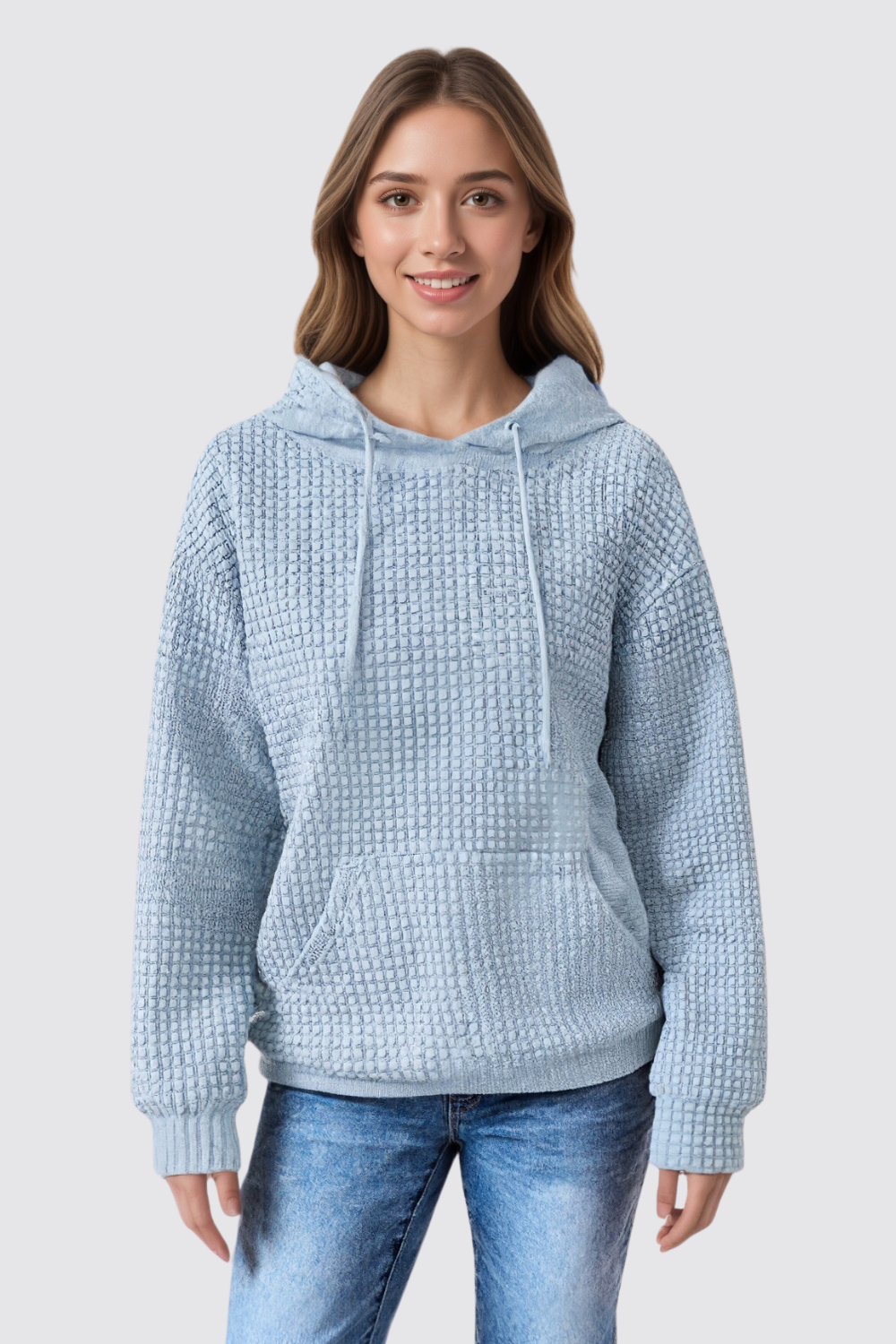 Casual Long Sleeve Drawstring Waffle Pullover Hoodie