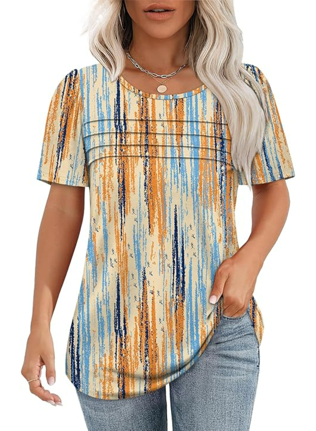 Printed Stripe Scoop Tops for Women With Short SleevesPrinted Stripe Scoop Tops for Women With Short Sleeves - Image 8