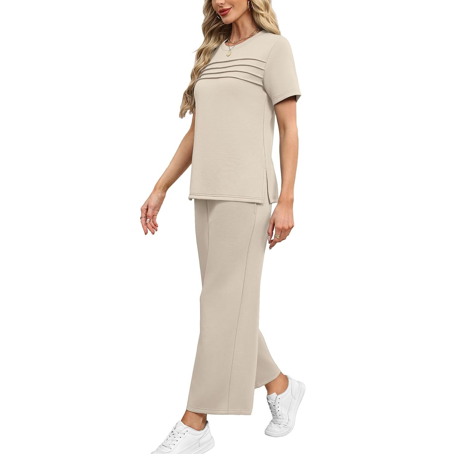 Two Piece Travel Outfit With Wide Length Pants For Women