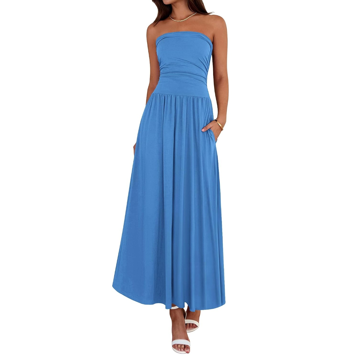 Casual Strapless Ruched Maxi Dress With Pockets For Women