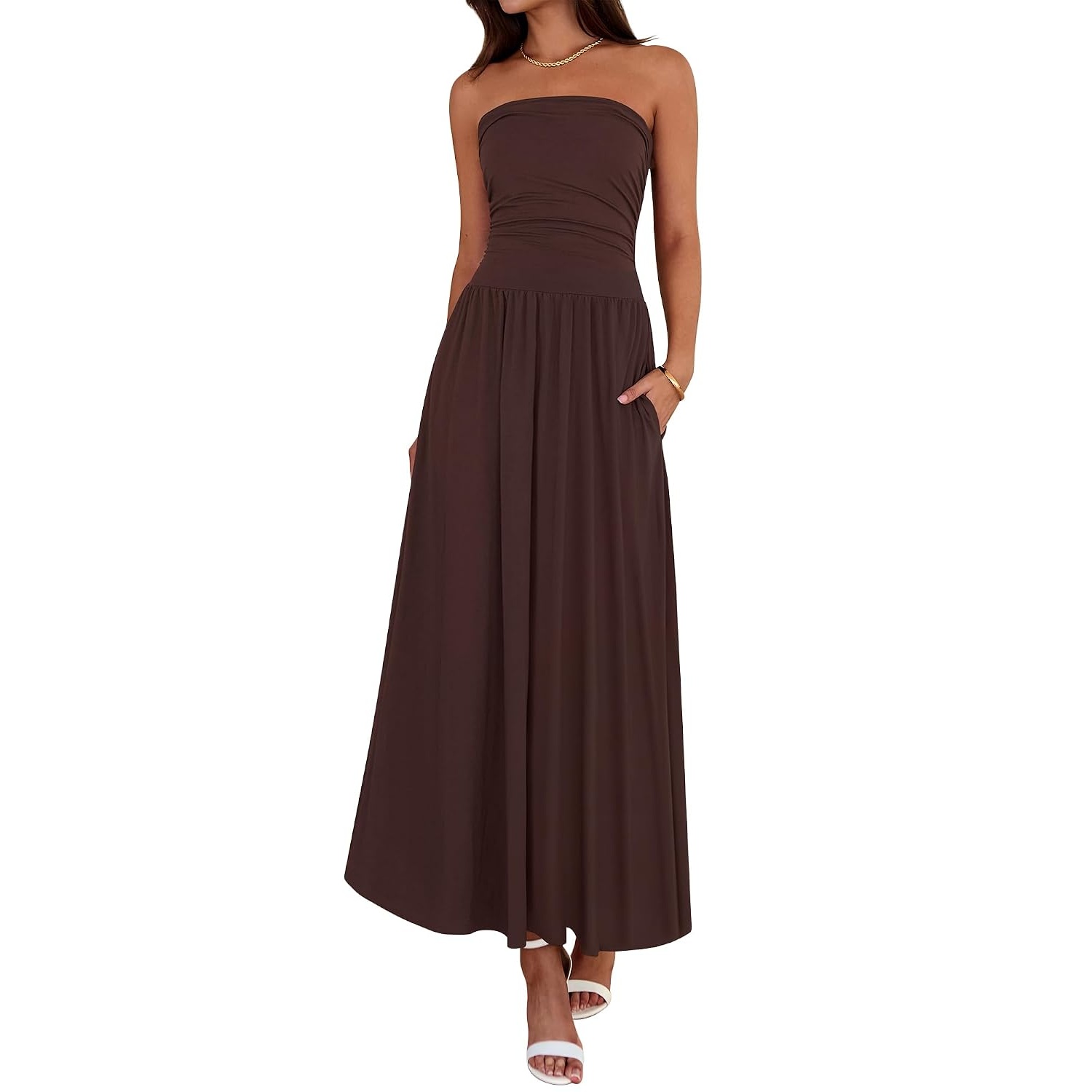 Casual Strapless Ruched Maxi Dress With Pockets For Women