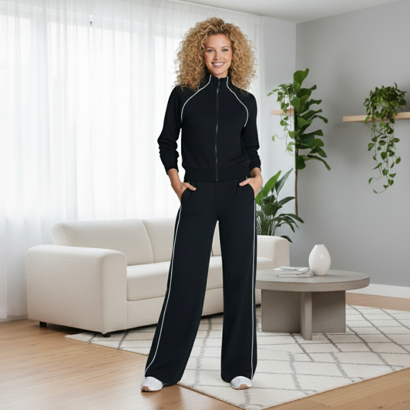 Full Zip Black Jumpsuit With Contrast White Piping