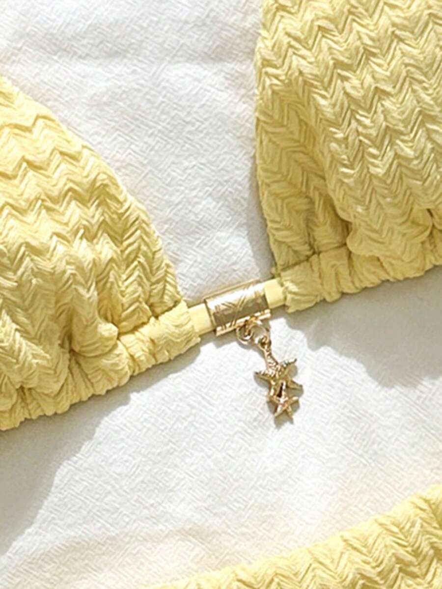 Swim Mod Women's Summer Solid Cream Yellow Jacquard Fabric Star Decor Halter Bikini Set