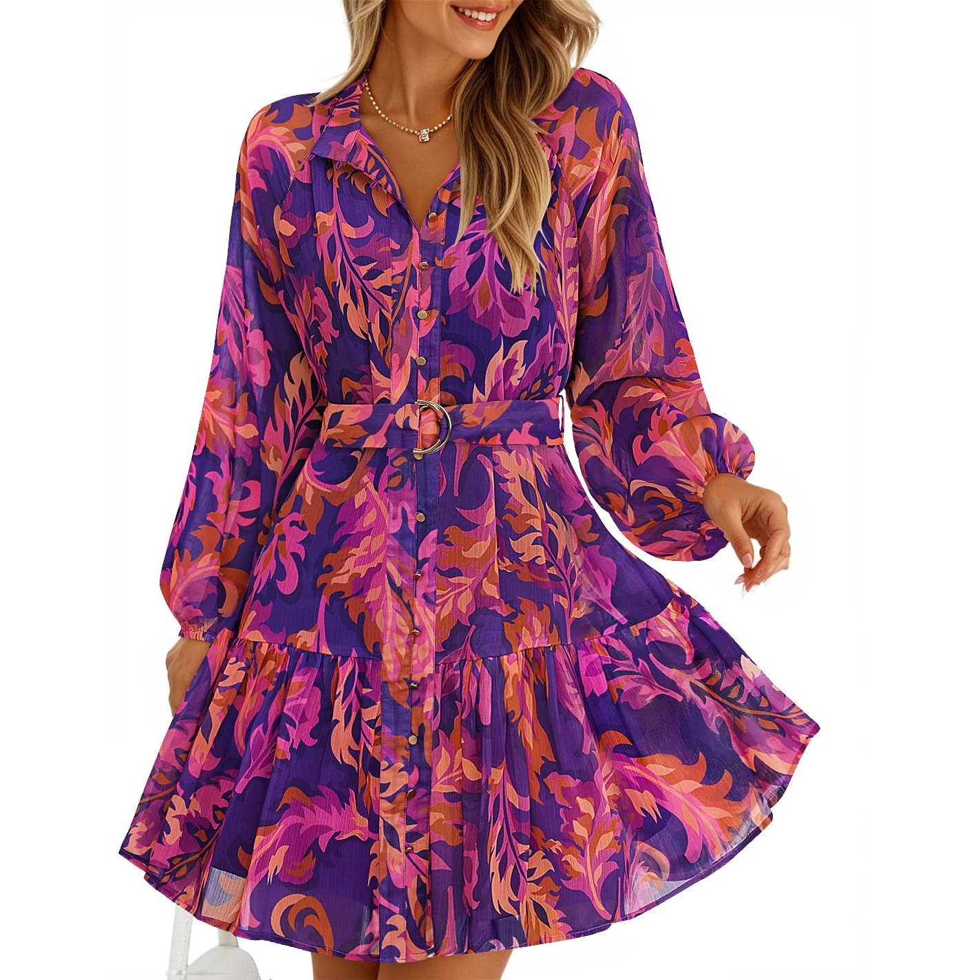 Floral Printed Long Sleeve Mini Dress For Women