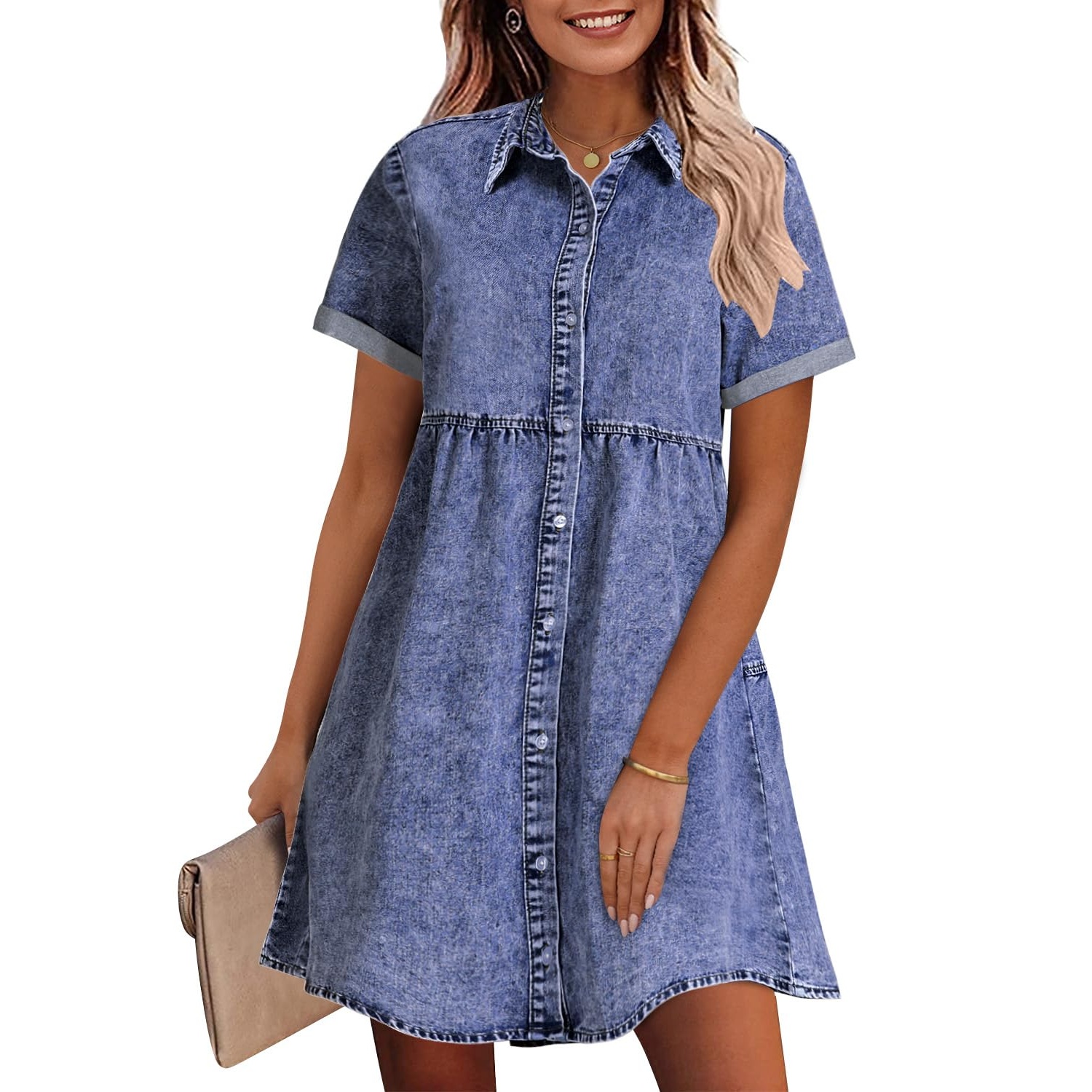 Casual Short Sleeve Denim Dress For Everyday Wear For Women