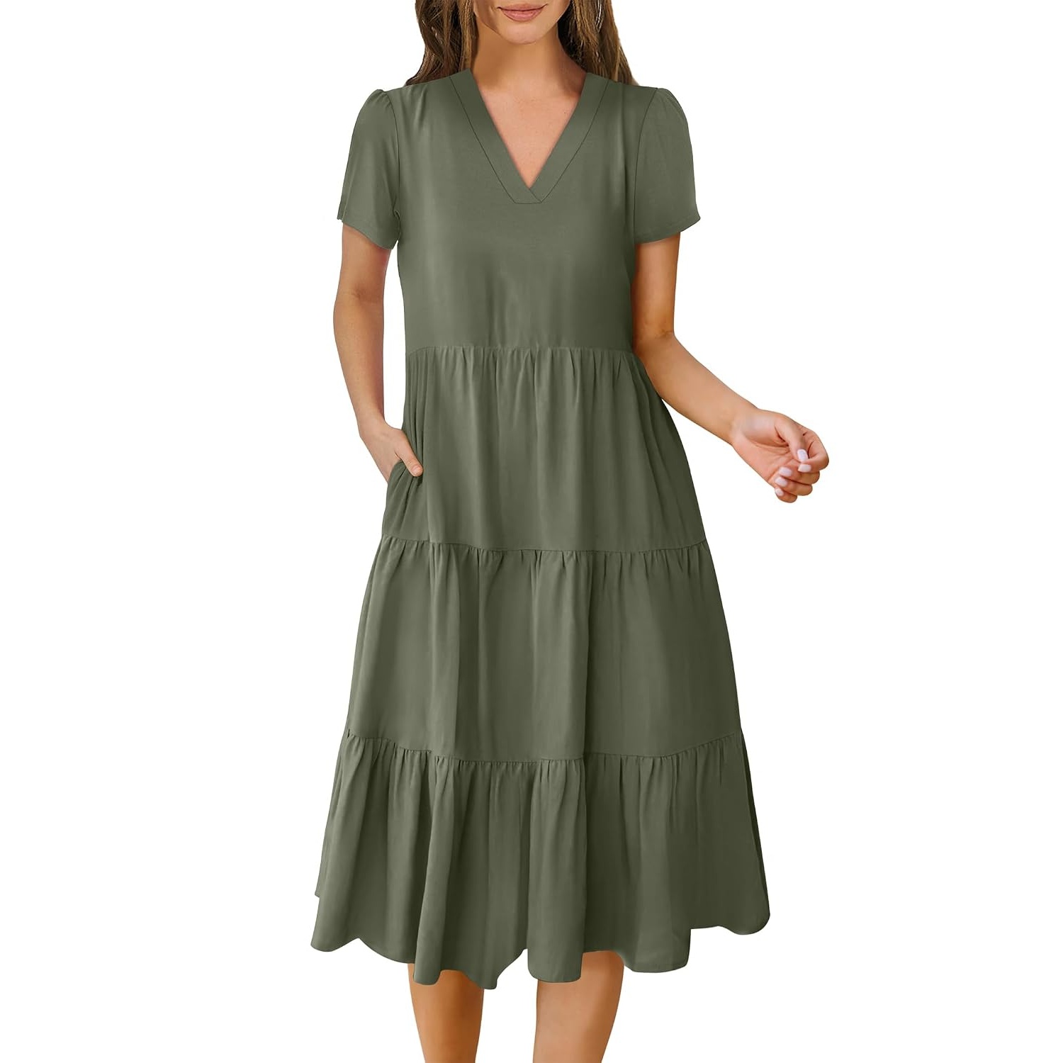 Casual Short Sleeve Tiered Boho Beach Midi Dress For Women
