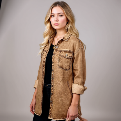 Oversized Denim Shacket With Frayed Hem And Pockets