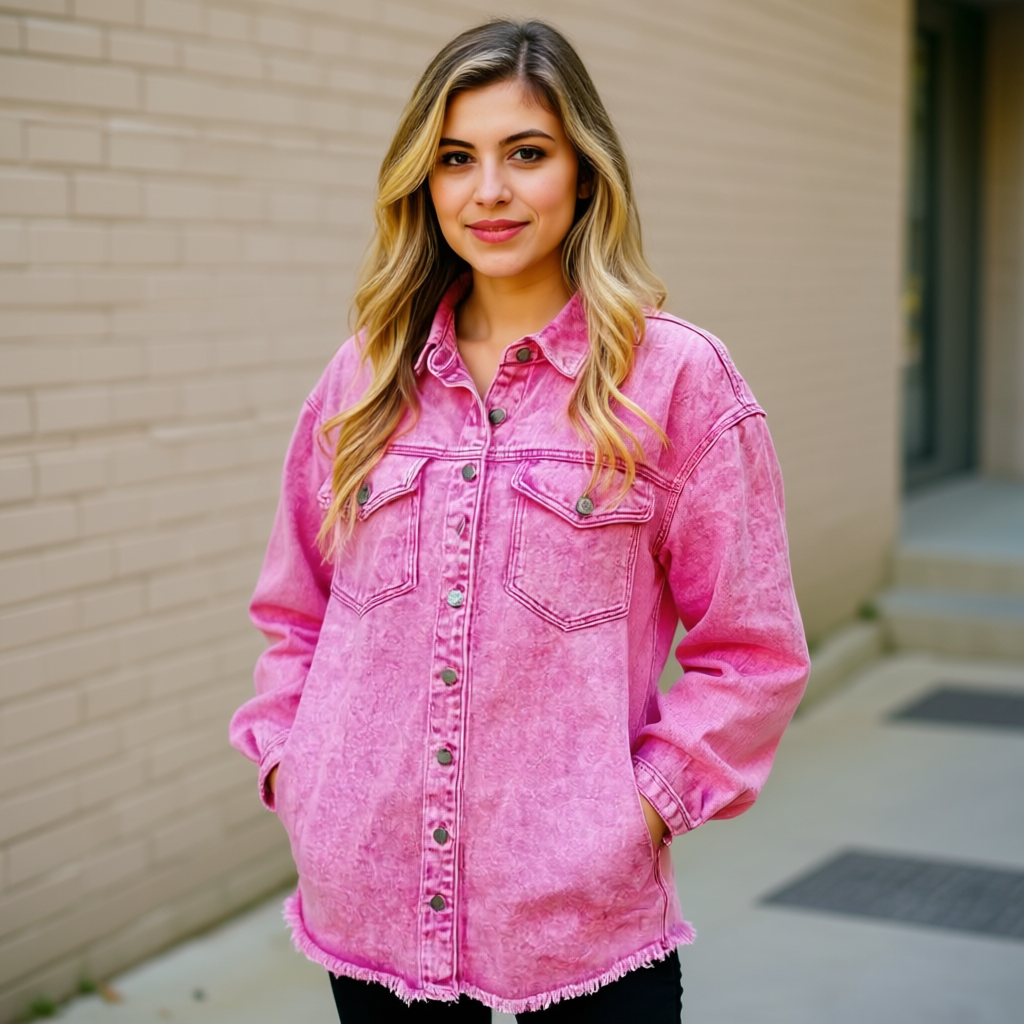 Oversized Denim Shacket With Frayed Hem And Pockets