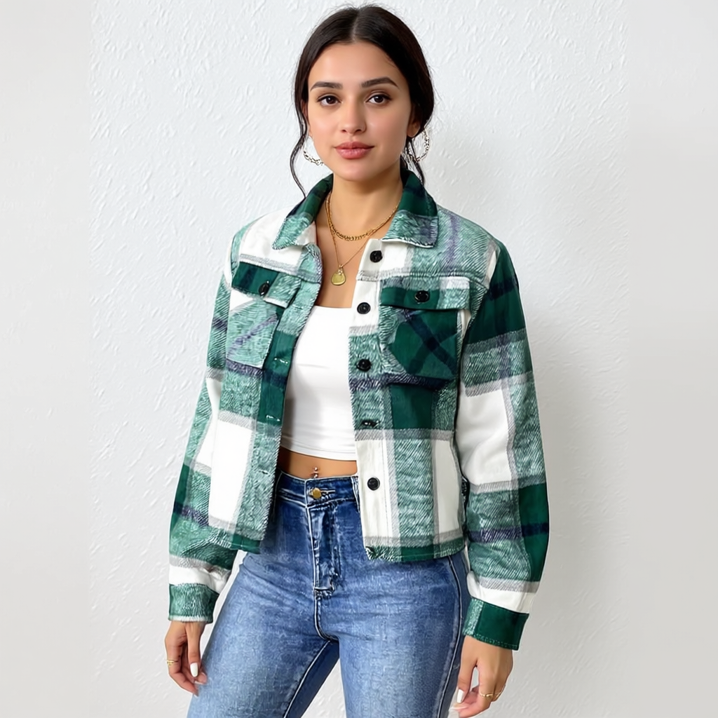 Plaid Button Down Cropped Jacket