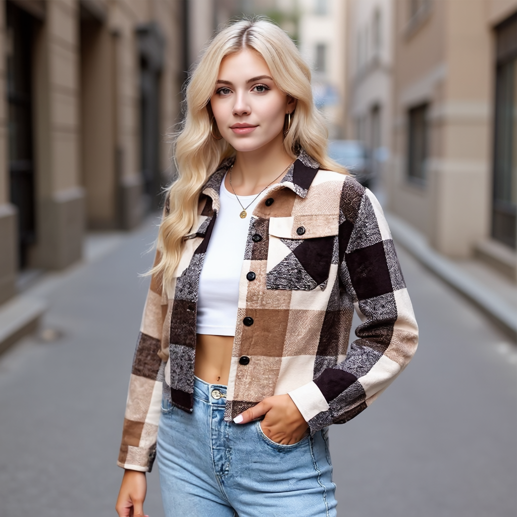 Plaid Button Down Cropped Jacket