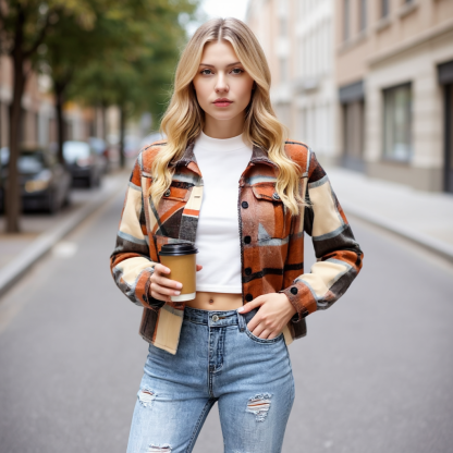 Plaid Button Down Cropped Jacket