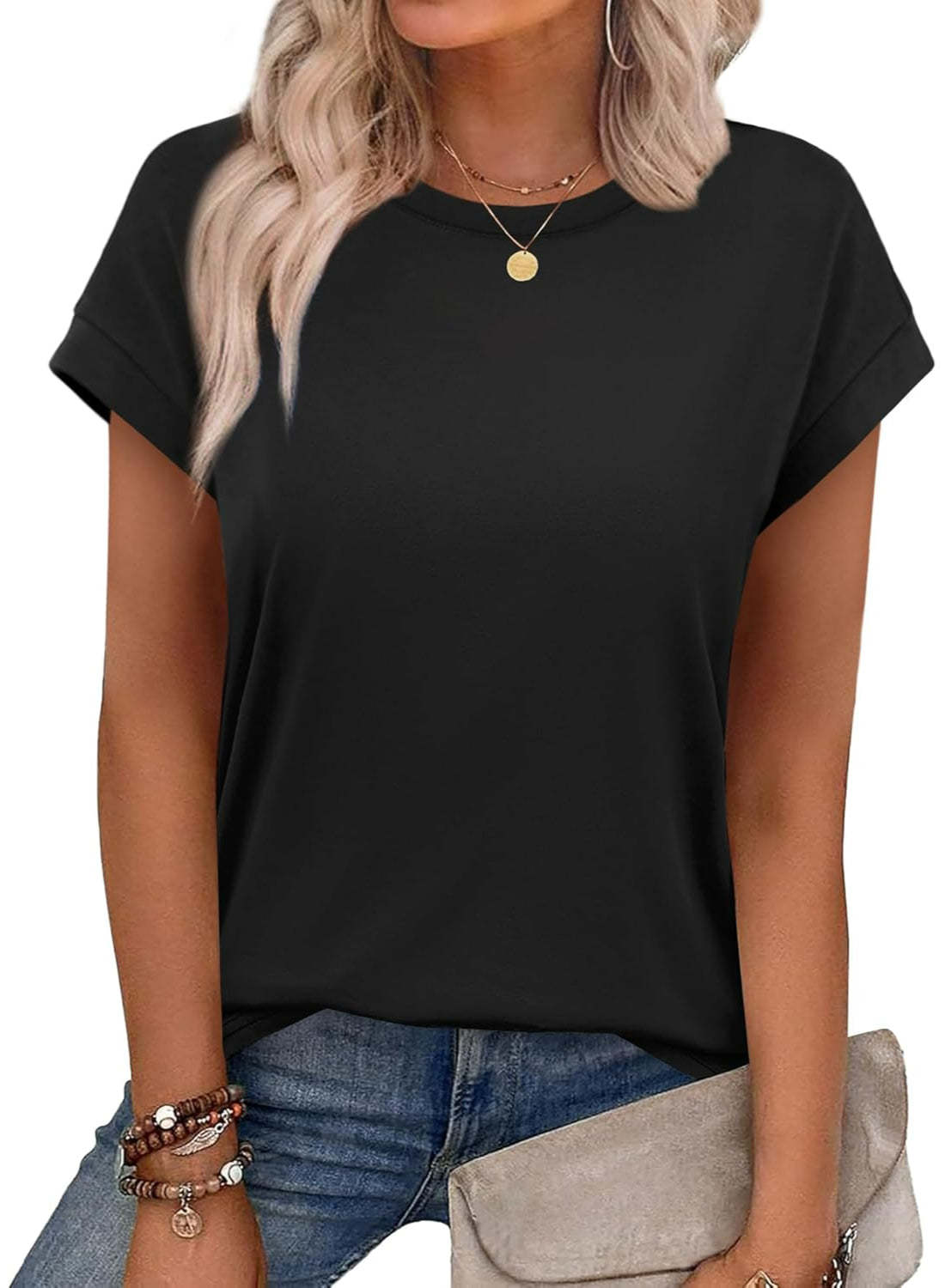 Loose Fit Black Blouse – Short Sleeve Pullover Tee for Casual Outfits