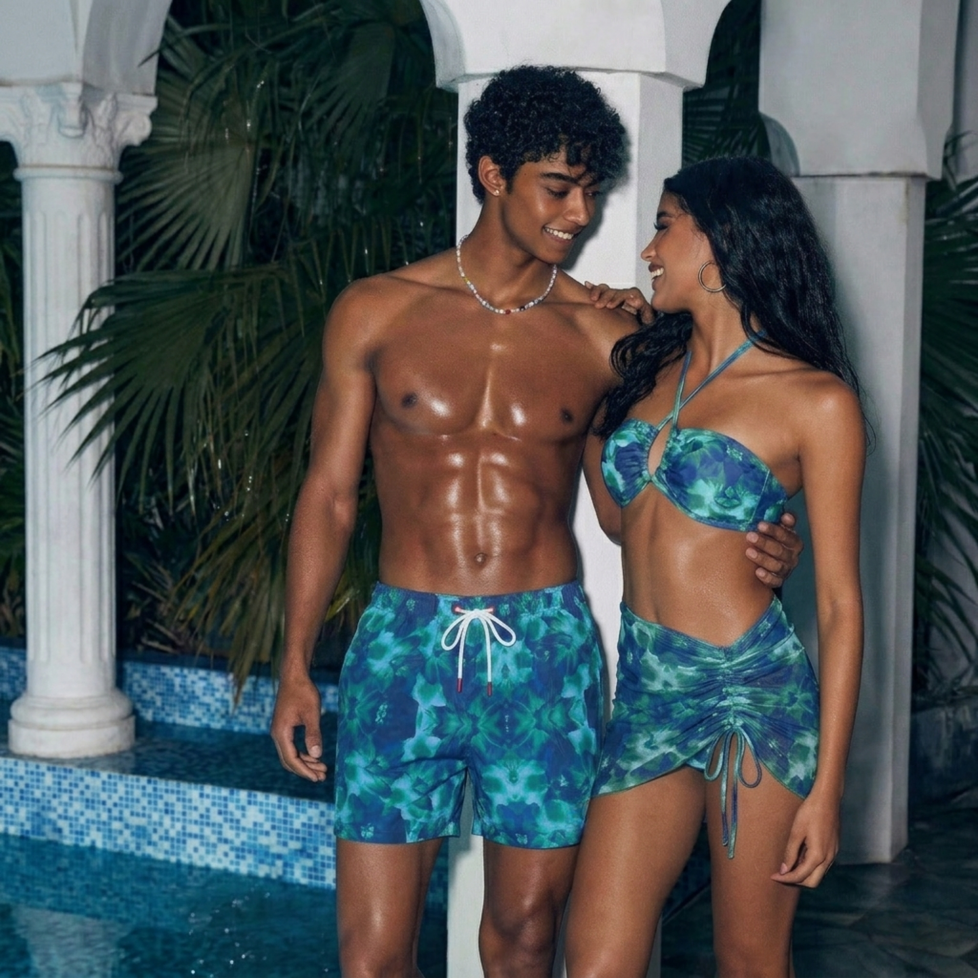 All Over Print Drawstring Beach Shorts Men Swim Trunks With One Piece Swimsuit Couple Set