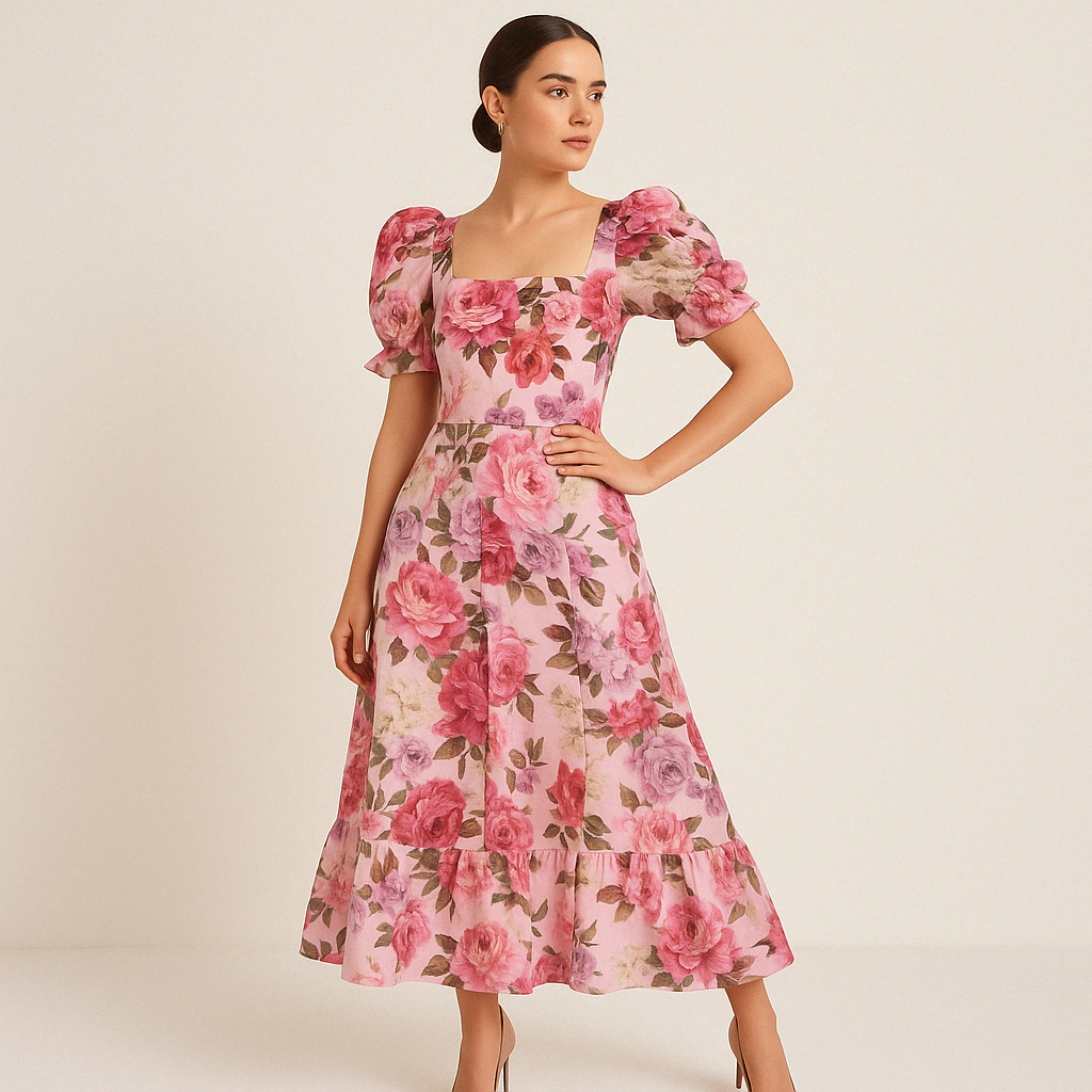 Amelia Puff Sleeve Midi Dress With Pockets